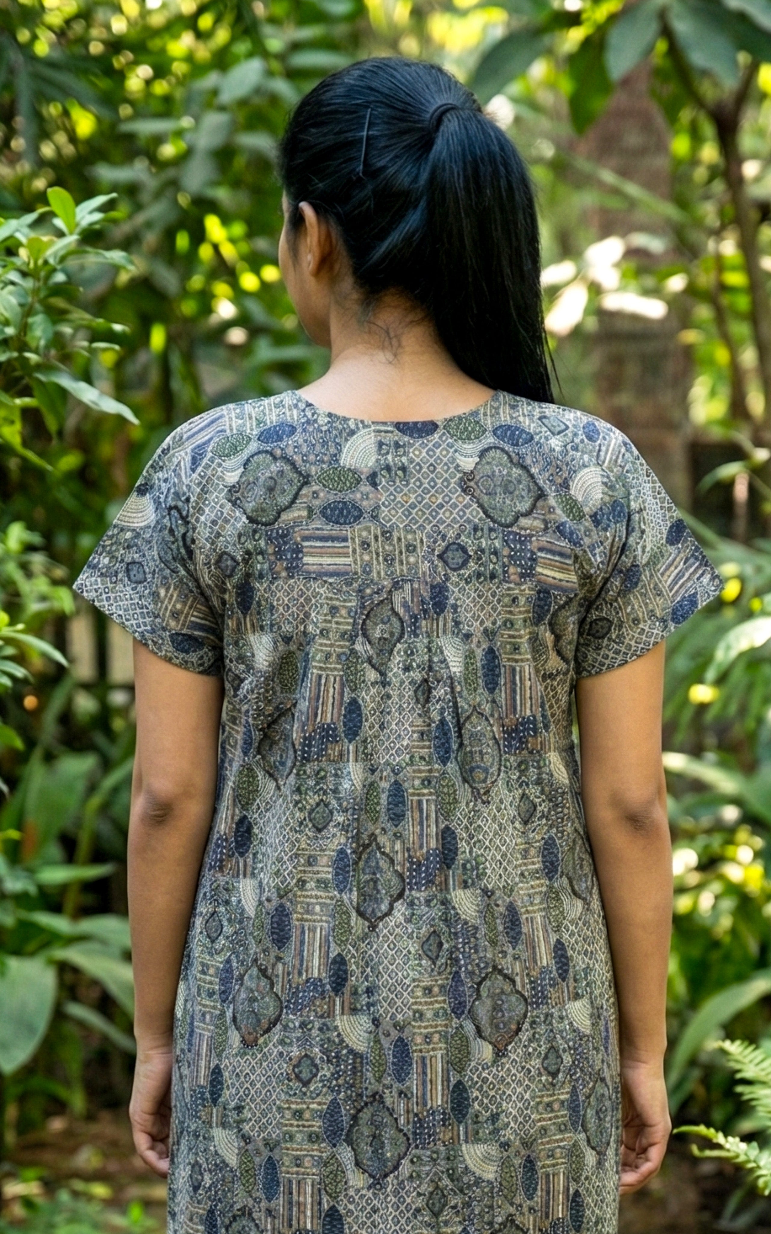 Instore – Blue Cotton Long Nighty, All-Over Floral Print, Round Neck with Contrast Yoke & Decorative Embroidery, Relaxed Fit, Women's Sleepwear