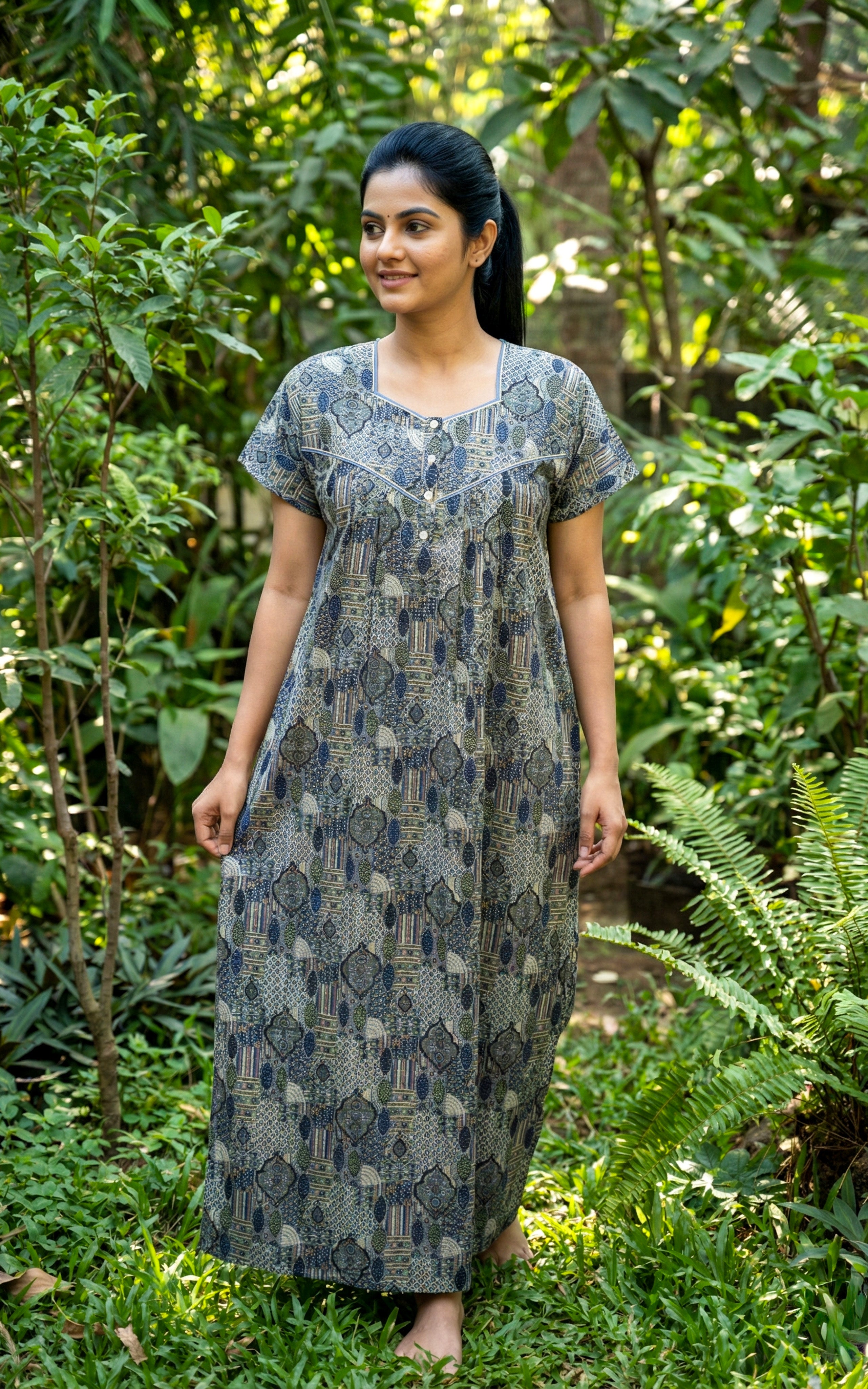 Instore – Blue Cotton Long Nighty, All-Over Floral Print, Round Neck with Contrast Yoke & Decorative Embroidery, Relaxed Fit, Women's Sleepwear
