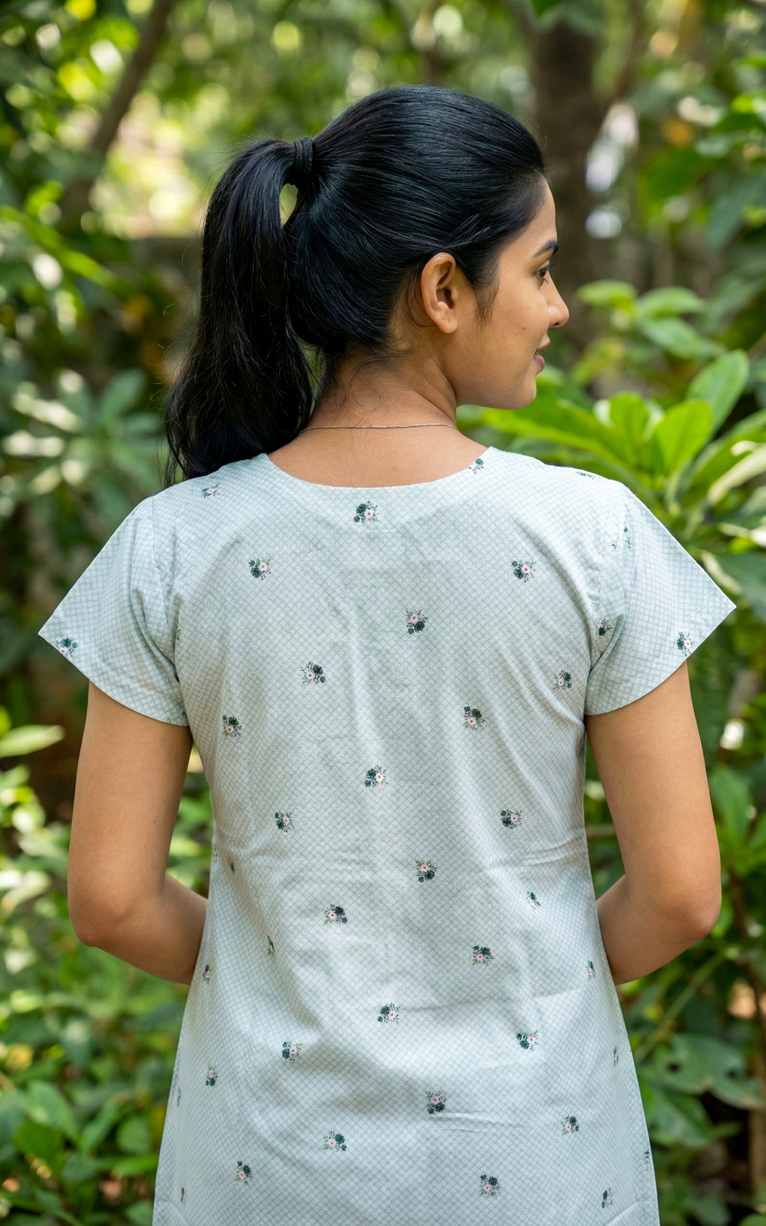 Instore – Pastel Purple Cotton Long Nighty, All-Over Minimal Floral Print, V-Neck with Self Fabric Detailing & Button Placket, A-line Fit, Women's Sleepwear