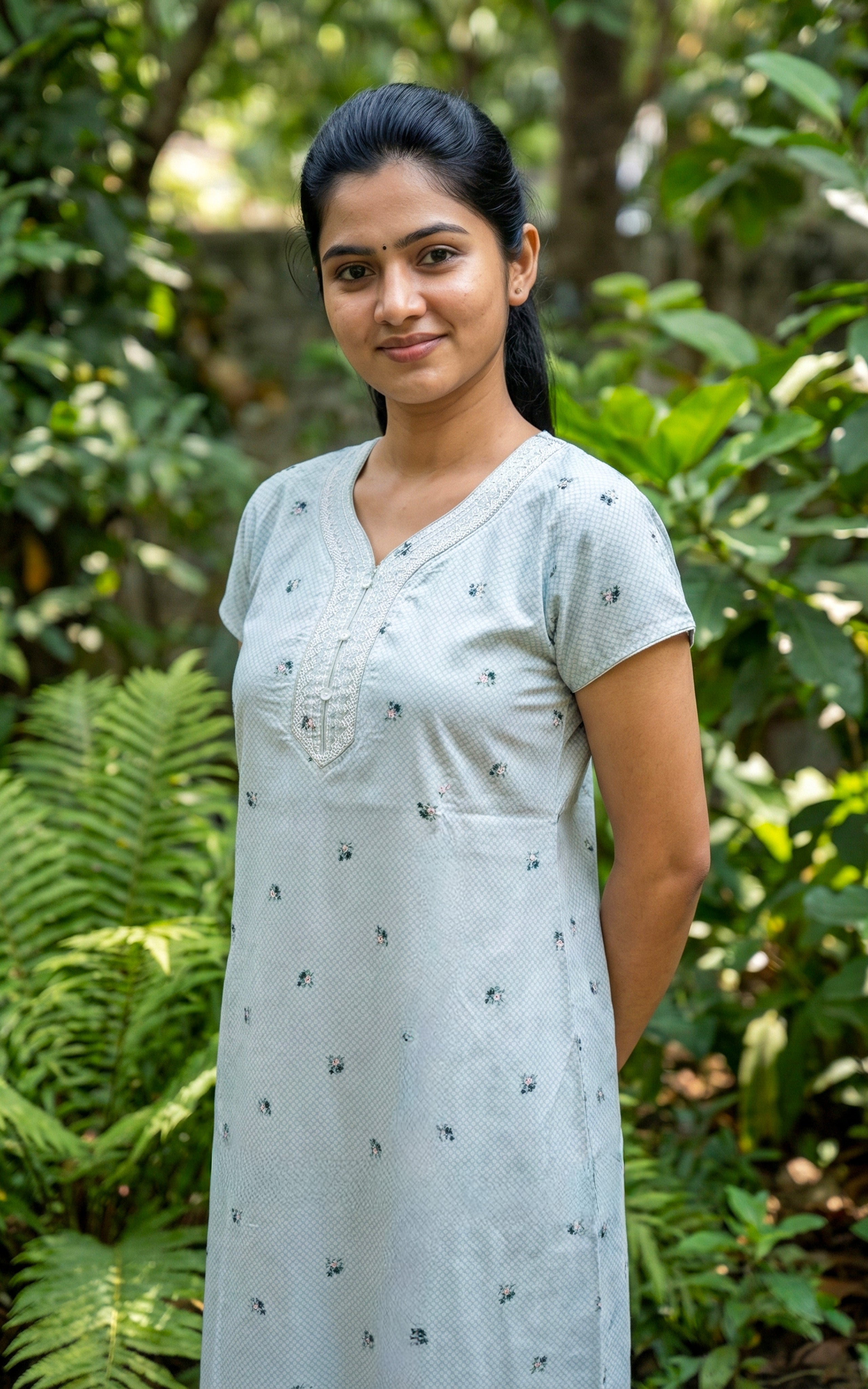 Instore – Pastel Purple Cotton Long Nighty, All-Over Minimal Floral Print, V-Neck with Self Fabric Detailing & Button Placket, A-line Fit, Women's Sleepwear