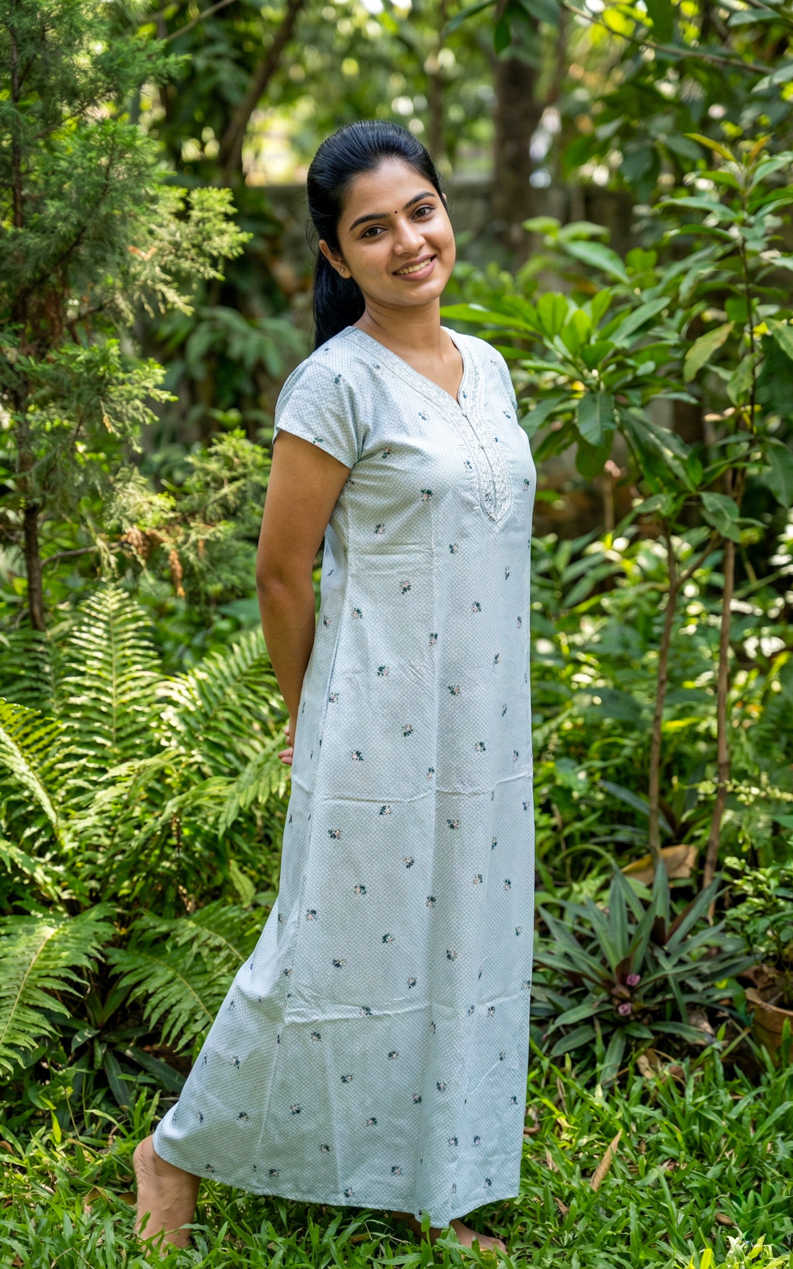 Instore – Pastel Purple Cotton Long Nighty, All-Over Minimal Floral Print, V-Neck with Self Fabric Detailing & Button Placket, A-line Fit, Women's Sleepwear