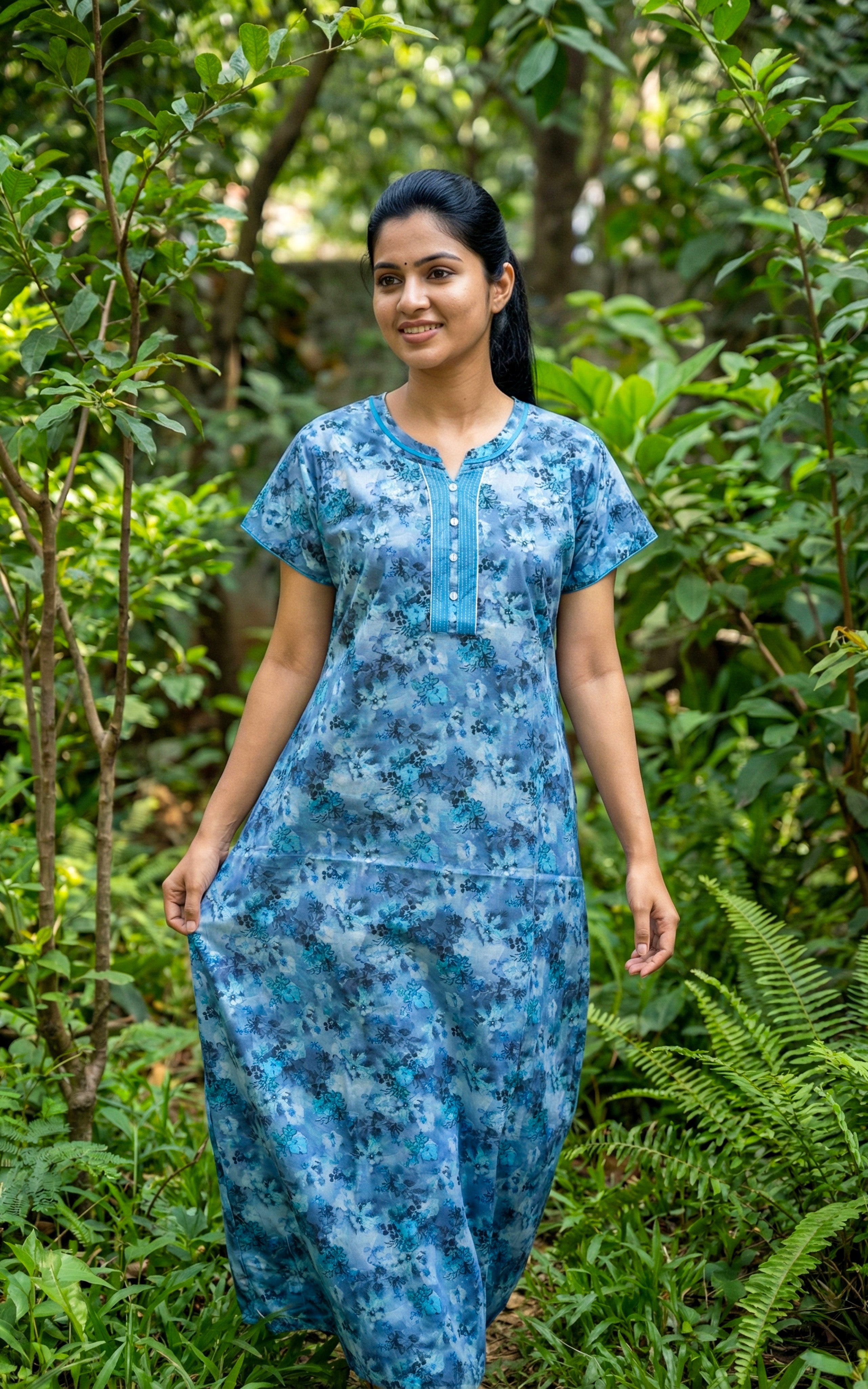 Instore – Sky Blue Cotton Long Nighty, All-Over Floral Print, Round Neck with Contrast Placket & Button Detailing, Straight Fit, Women's Sleepwear