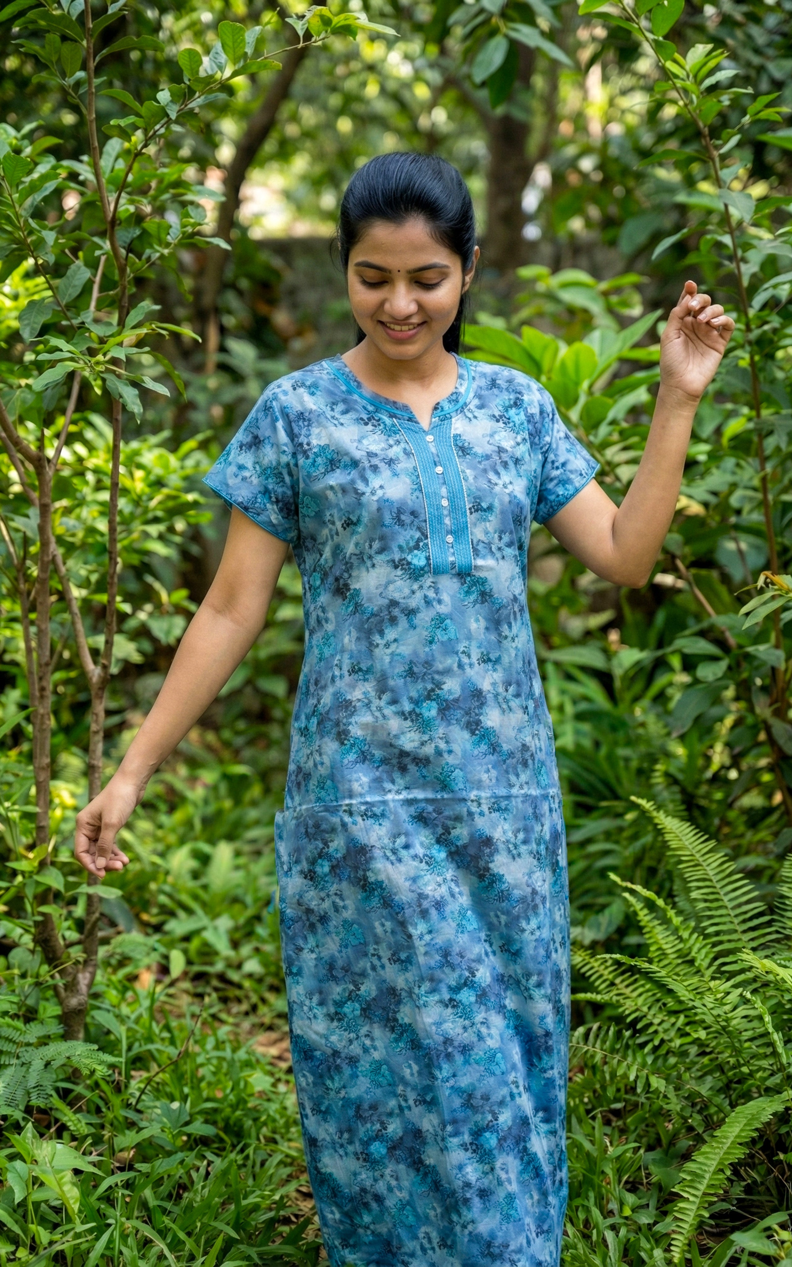 Instore – Sky Blue Cotton Long Nighty, All-Over Floral Print, Round Neck with Contrast Placket & Button Detailing, Straight Fit, Women's Sleepwear