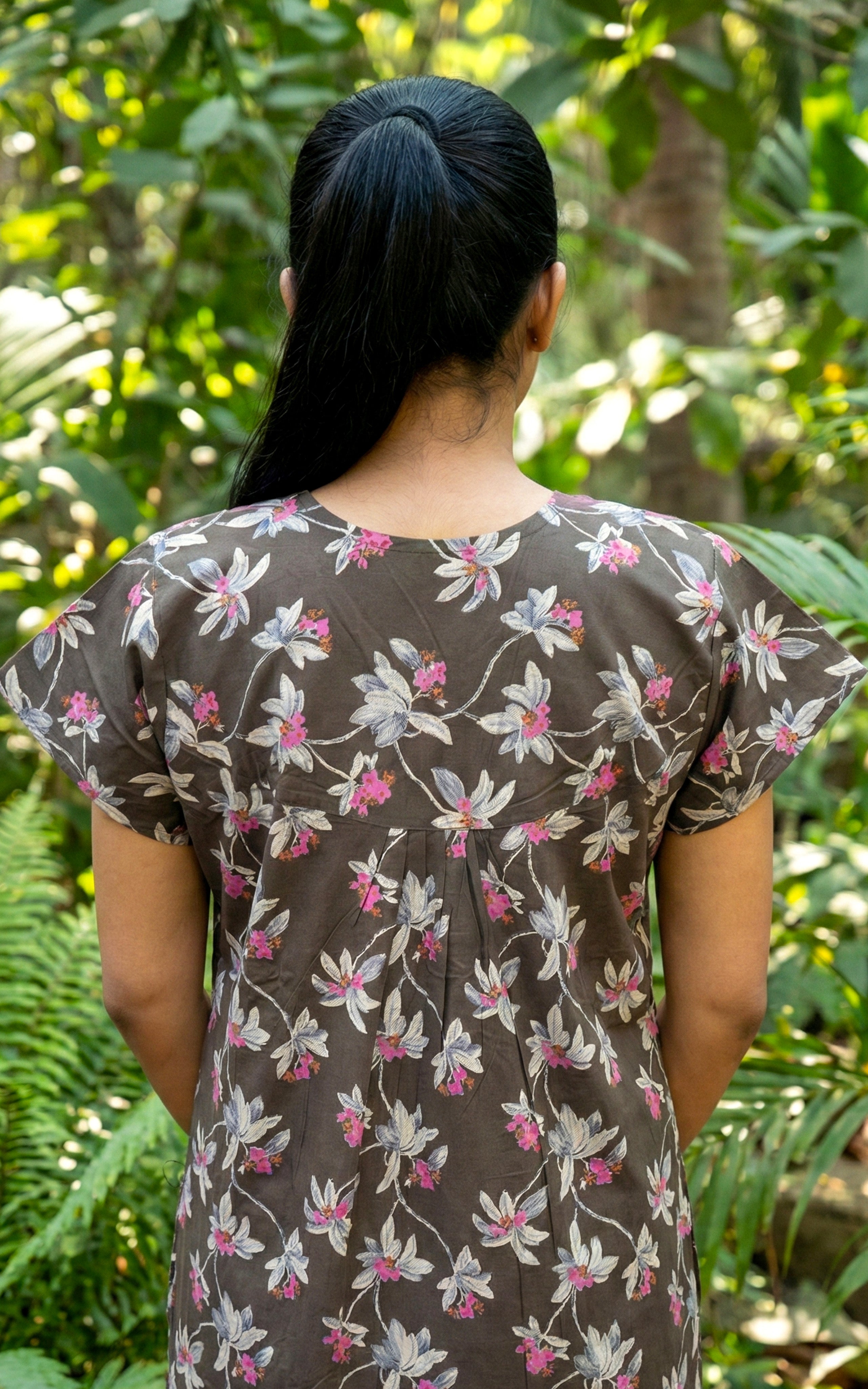 Instore – Chocolate Brown Cotton Long Nighty, All-Over Floral Print, V-Neck with Contrast Pink Piping & Button Placket, Relaxed Fit, Women's Sleepwear