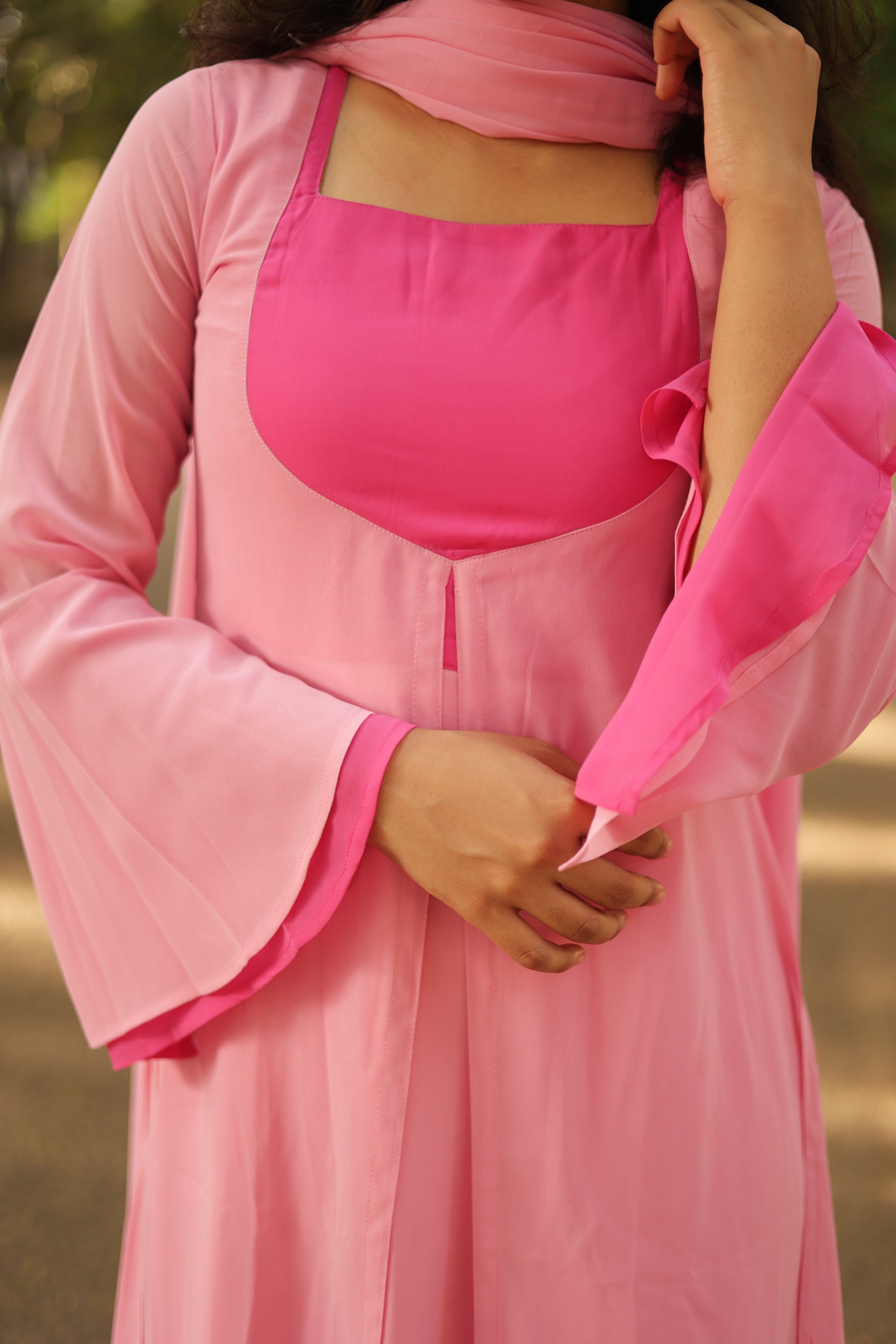 Instore - Pink Georgette Layered Kurti with Side Slit & Dupatta - Designer Ethnic Wear