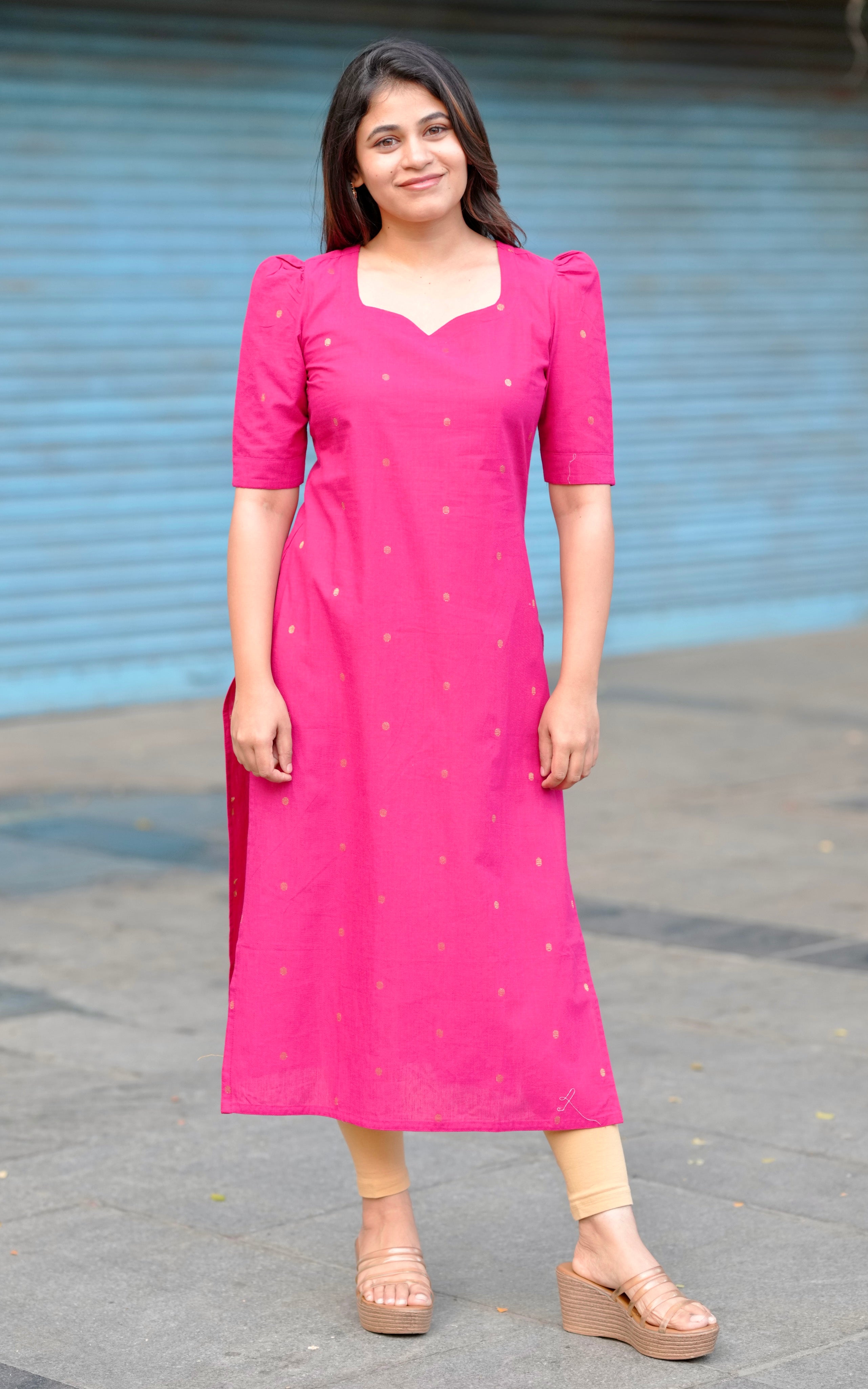 South Cotton Straight Cut Kurti with Puff Sleeves for Women