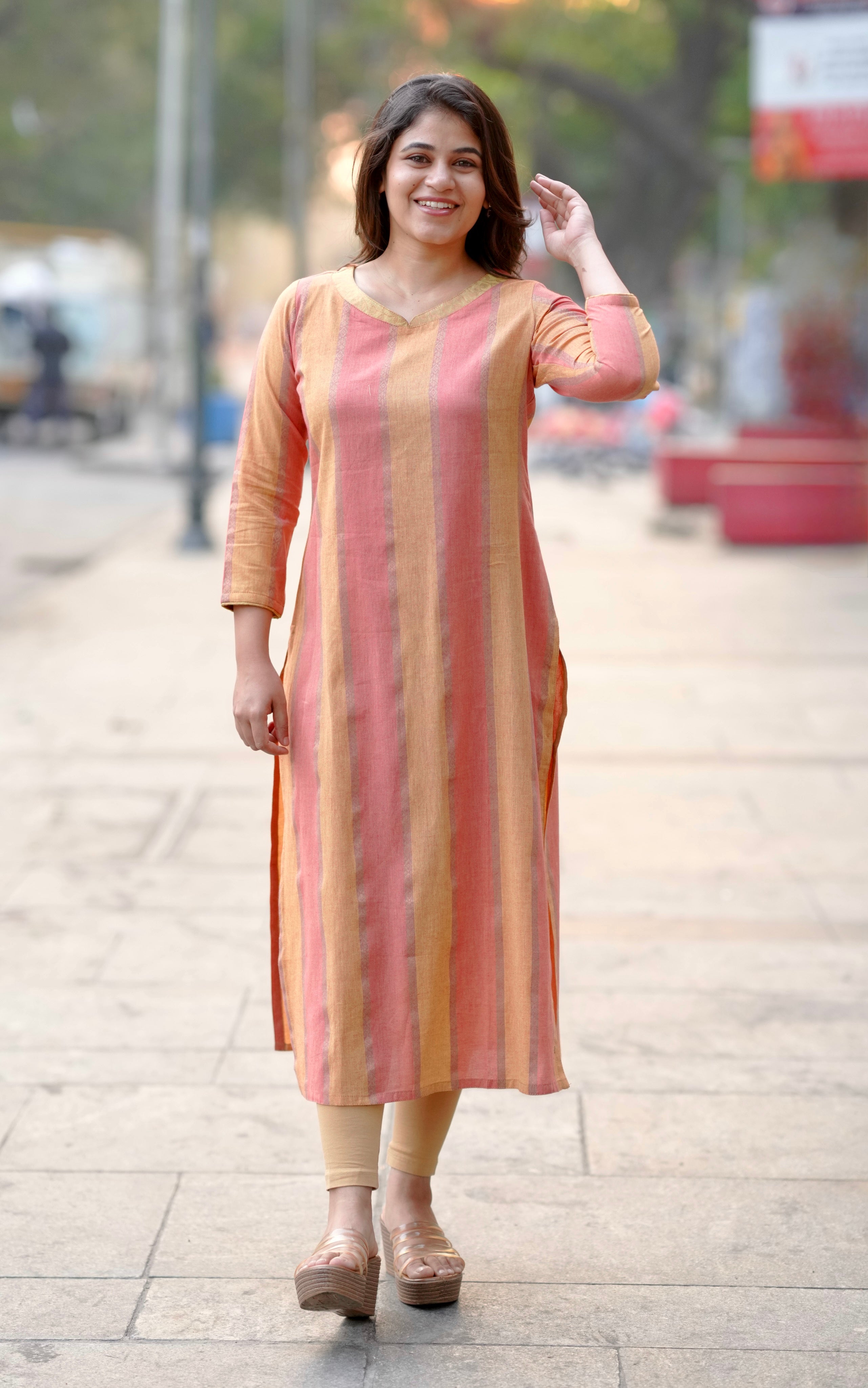 Peach & Gold South Cotton Kurti for Women