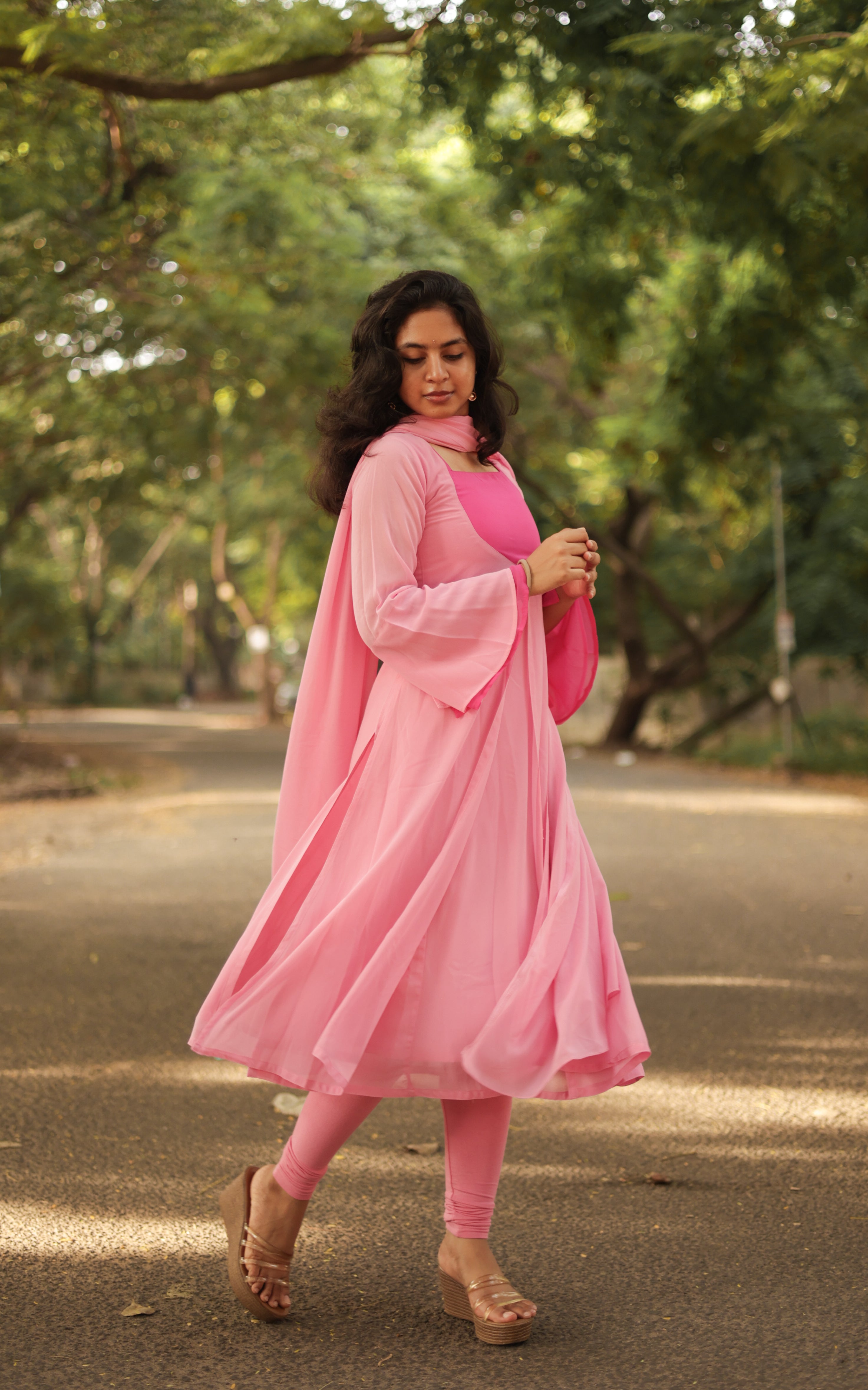 Instore - Pink Georgette Kurti & Dupatta Set - Sillunu Oru Kadhal Inspired