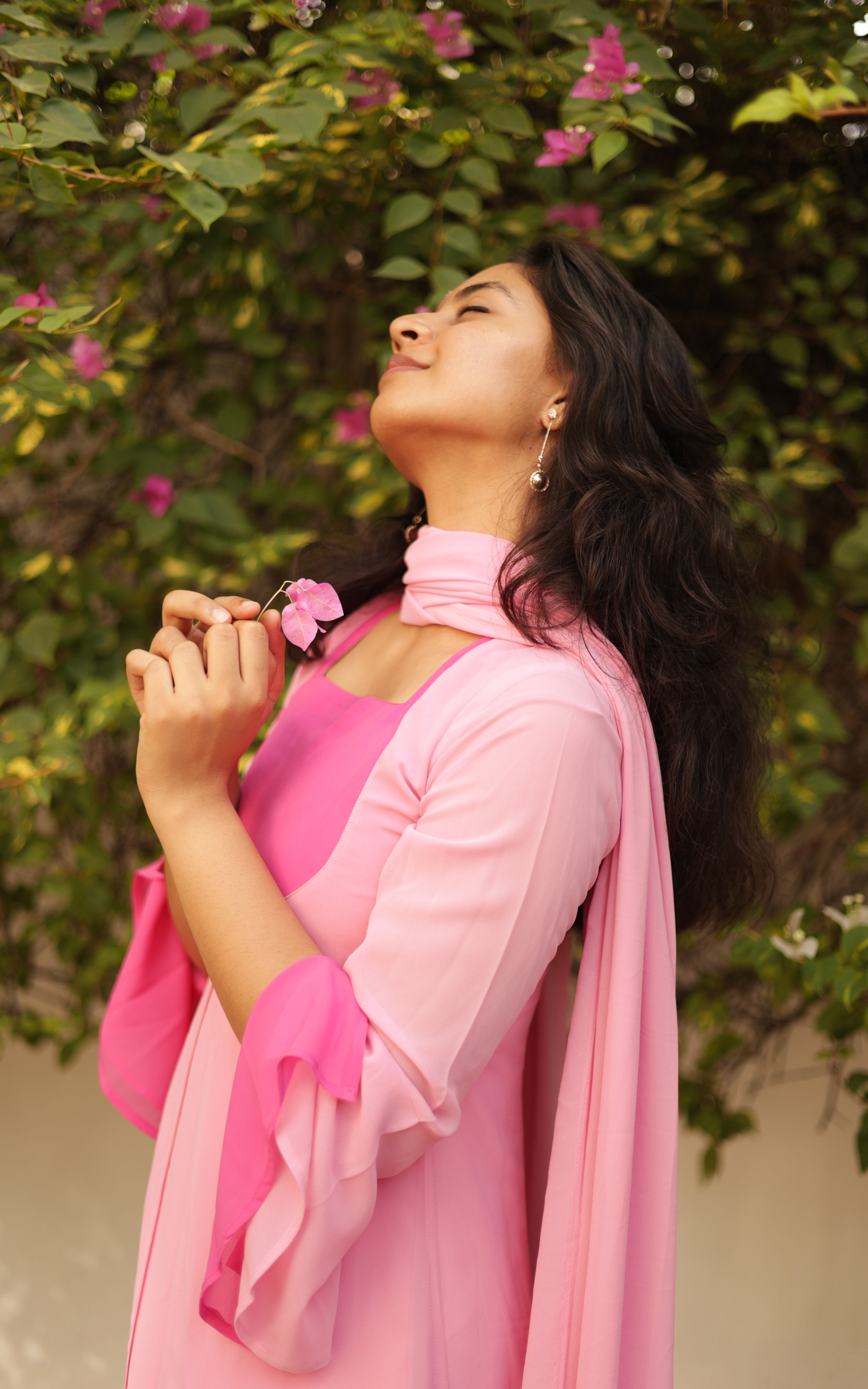 Instore - Pink Georgette Layered Kurti with Crepe Lining & Matching Dupatta