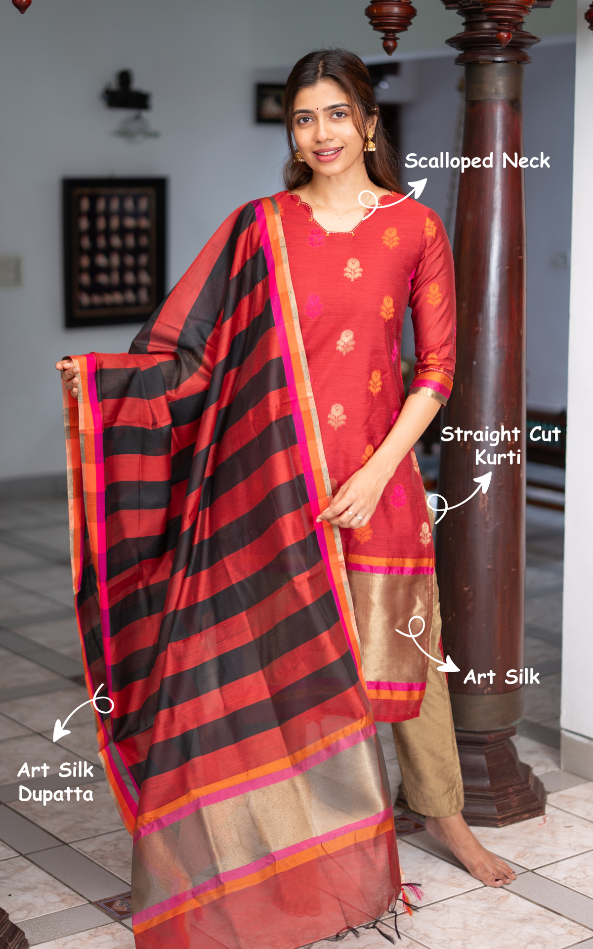 Red Art Silk Festive Wear Kurti with Dupatta for Women