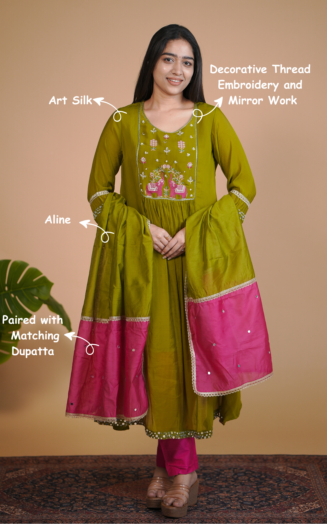 Instore – Olive Green Aira Kurti with Dupatta for Women – Art Silk – Festive Ethnic Wear