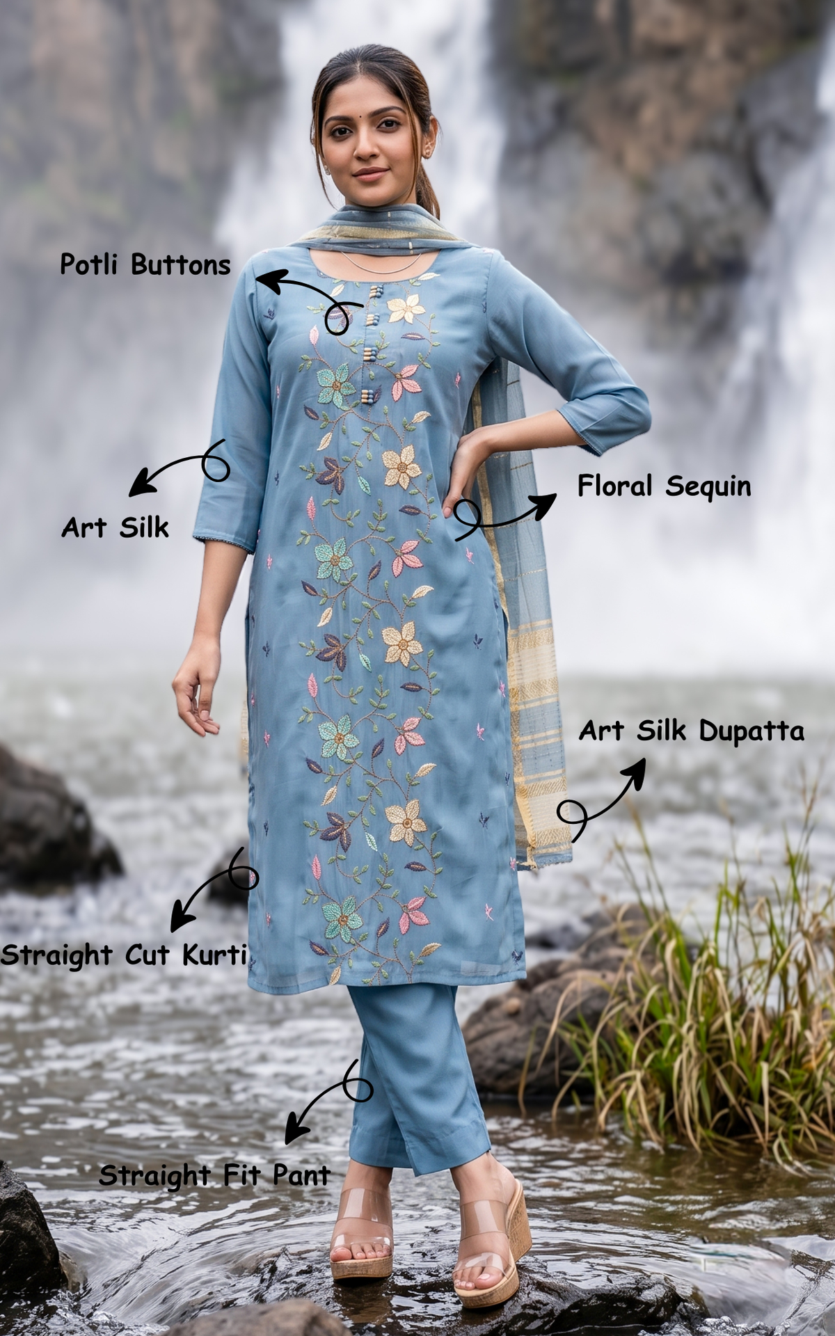 Grey Art Silk Designer Straight Cut Kurti Set for Women