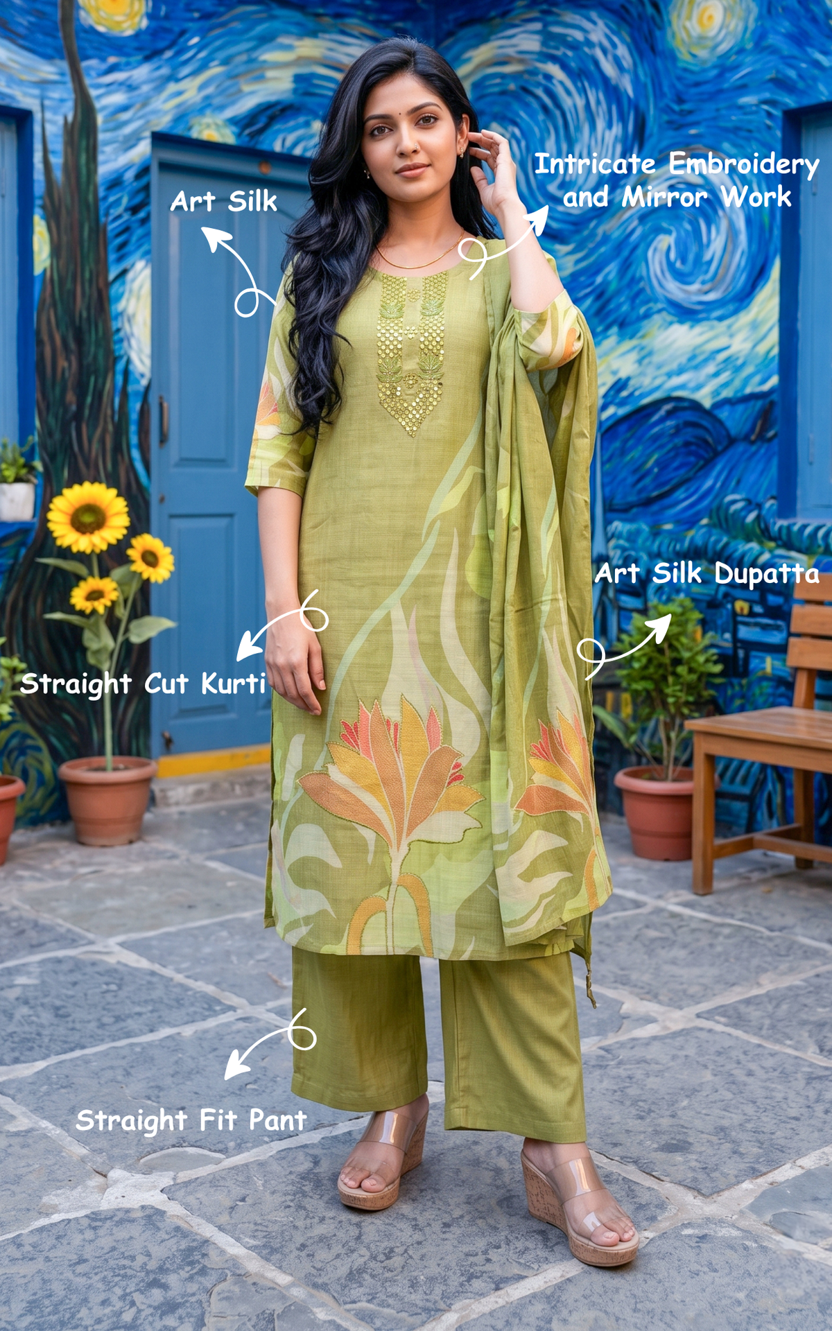 Joshitha Pista Green (Kurti+Pant+Dupatta)