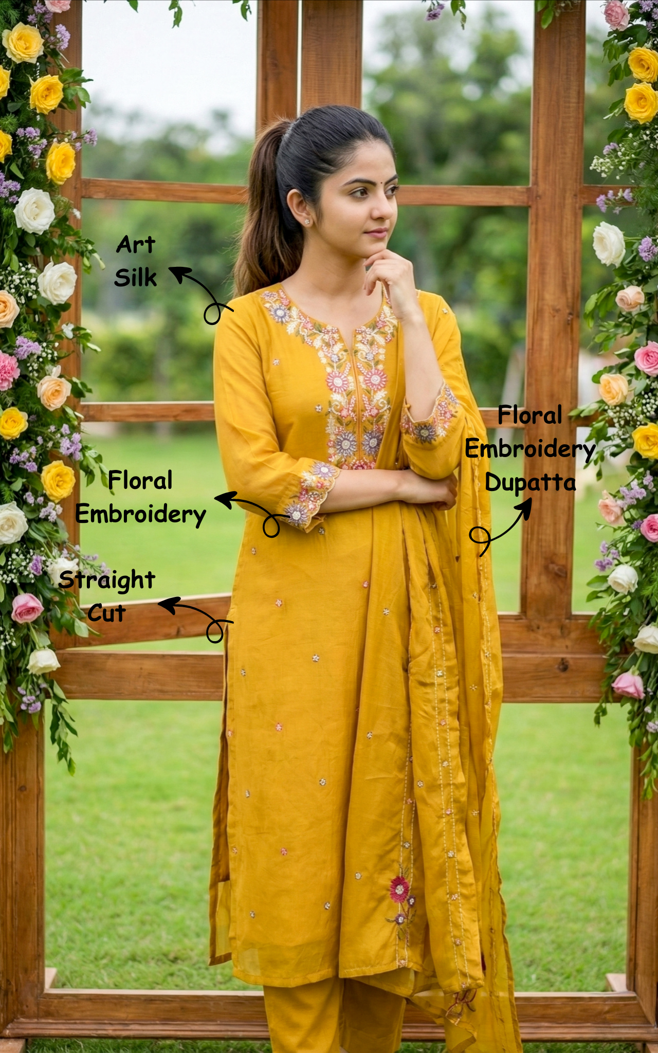 Instore - Mustard art silk straight cut kurti with floral embroidery & matching embroidered dupatta set