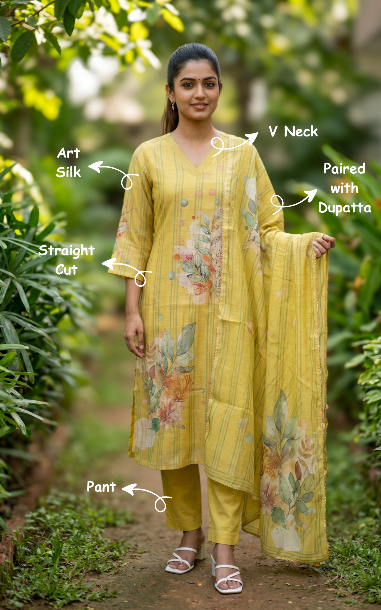 festive v-neck kurti with side slit
traditional art silk kurti with matching dupatta