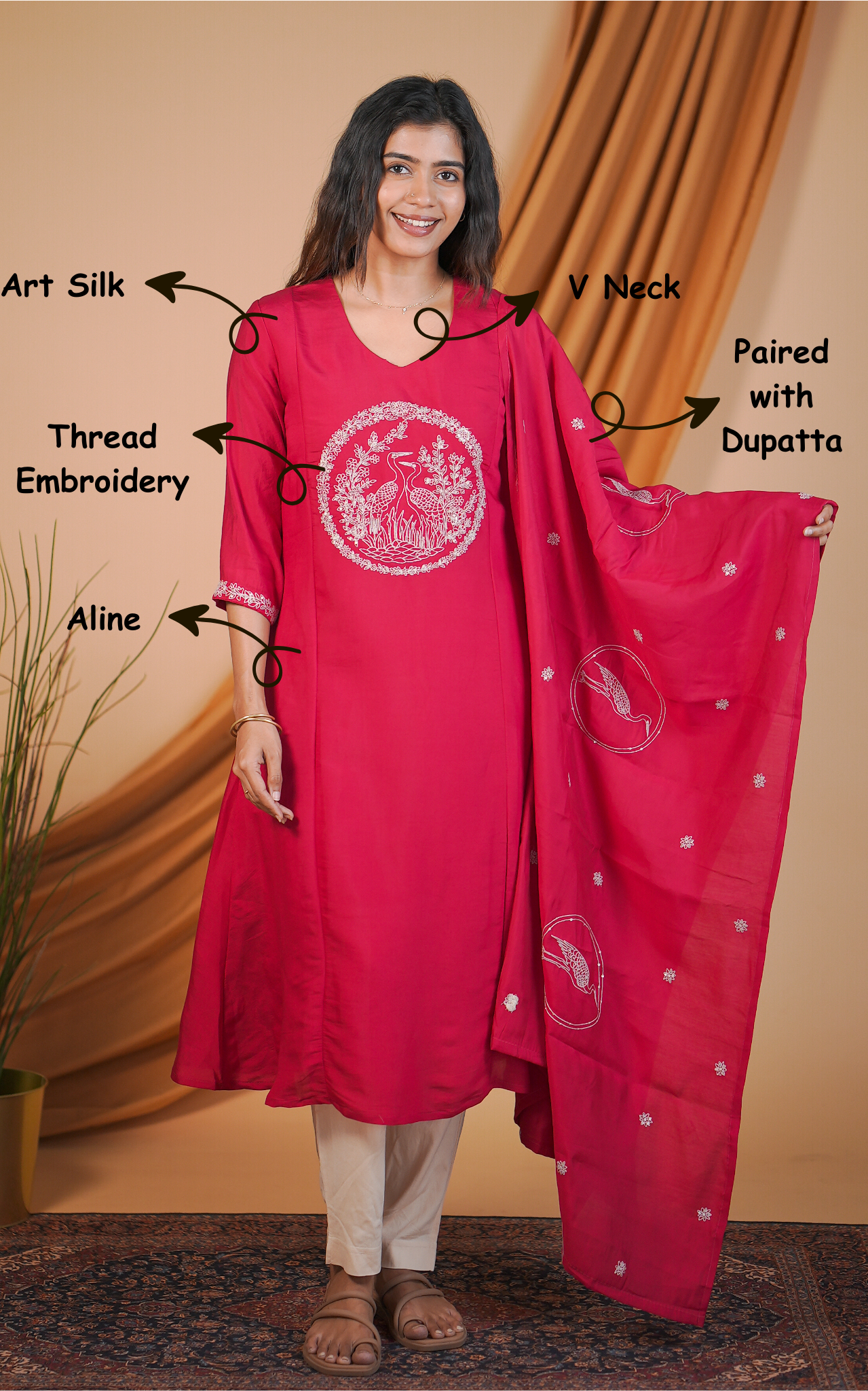 Instore – Reddish Pink Hansika Kurti with Dupatta for Women – Art Silk – Festive Ethnic Wear