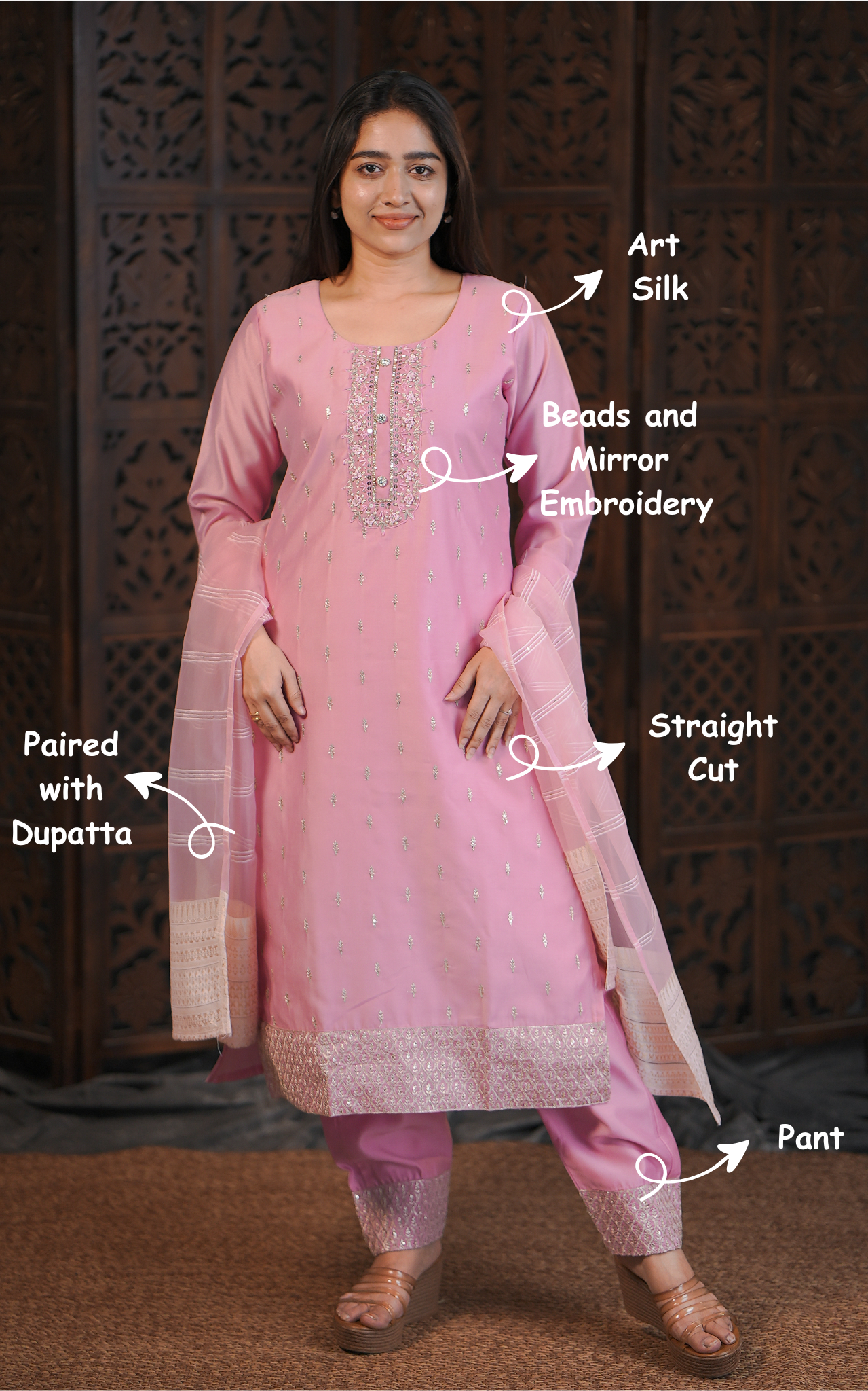 Pink Art Silk Kurti Pant Dupatta Set Daily & Festive Wear