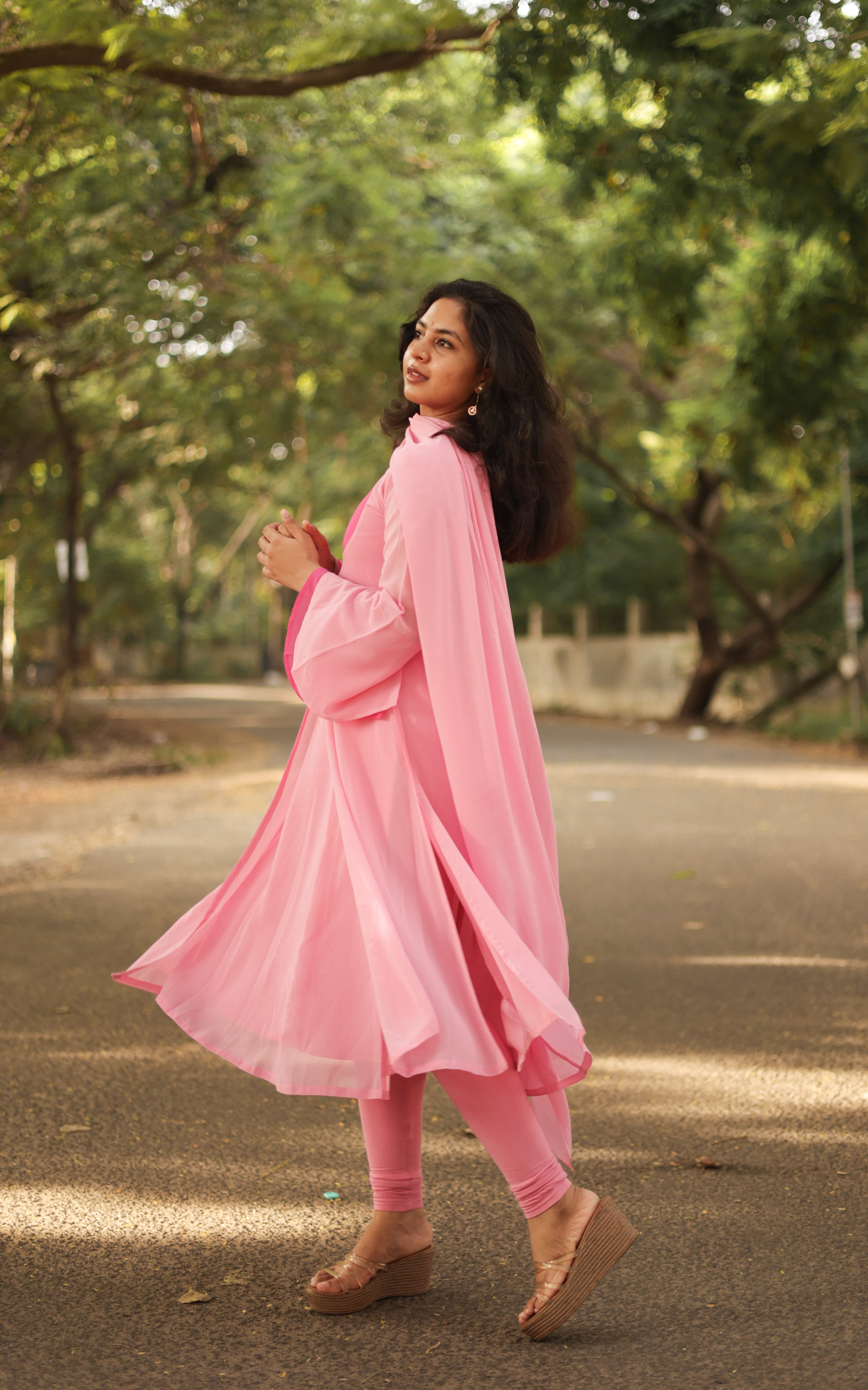 Instore - Pink Georgette Layered Kurti with Dupatta - Best Seller Ethnic Wear