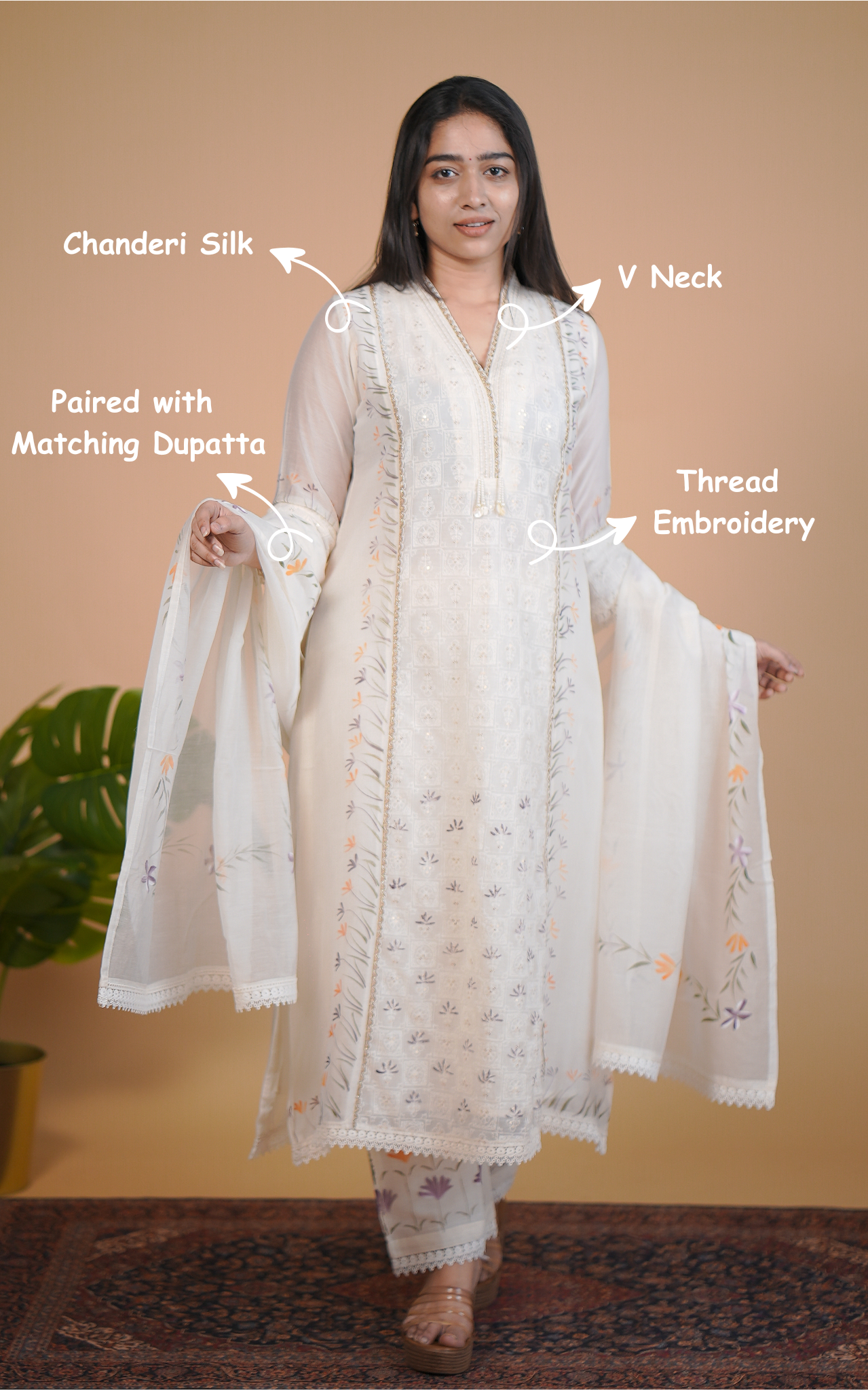 Instore – Ivory Blossom Kurti Pant Dupatta Set for Women – Chanderi Silk – Festive Ethnic Wear