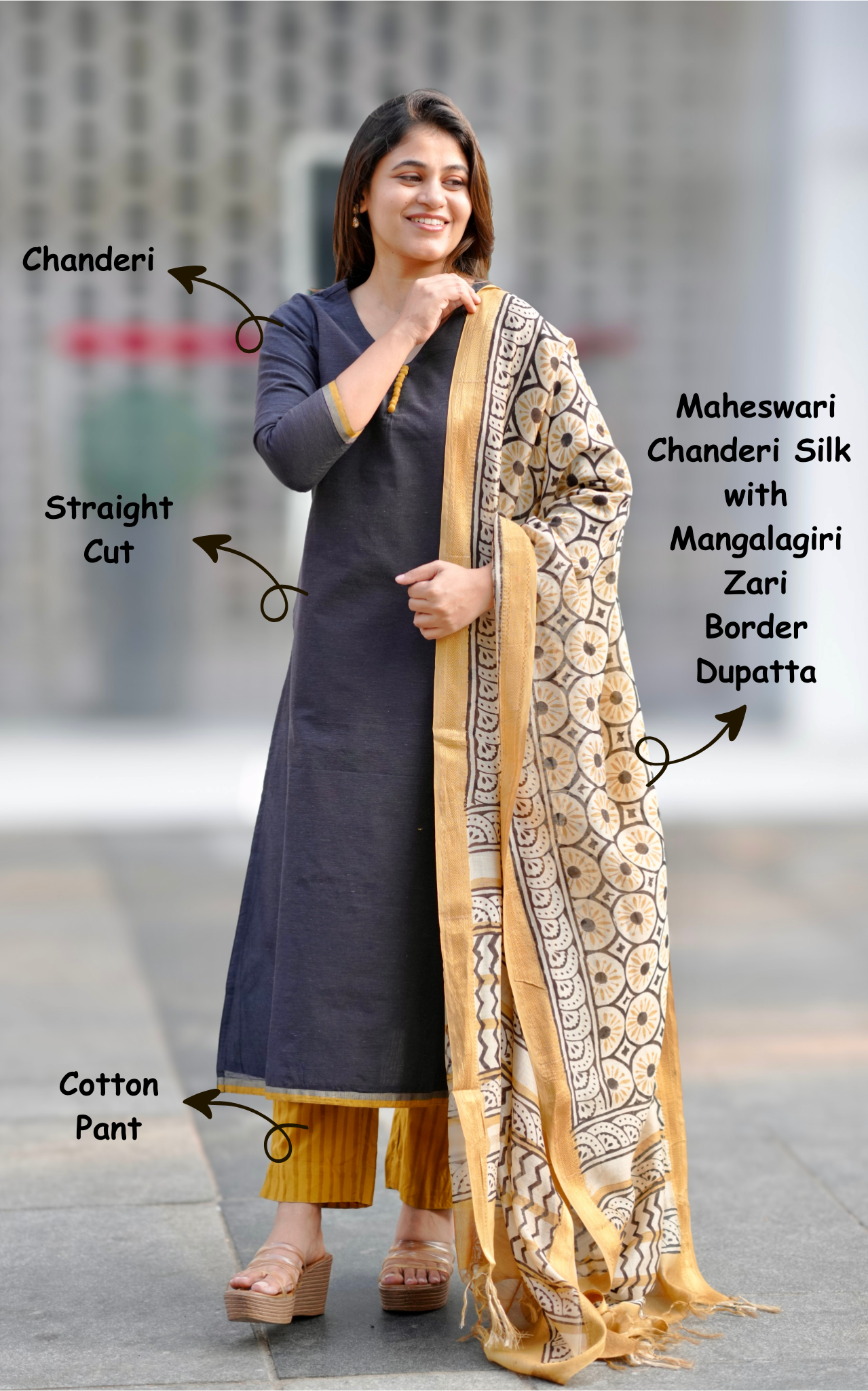Elegant Black Chanderi Kurti Pant Dupatta Set for Women