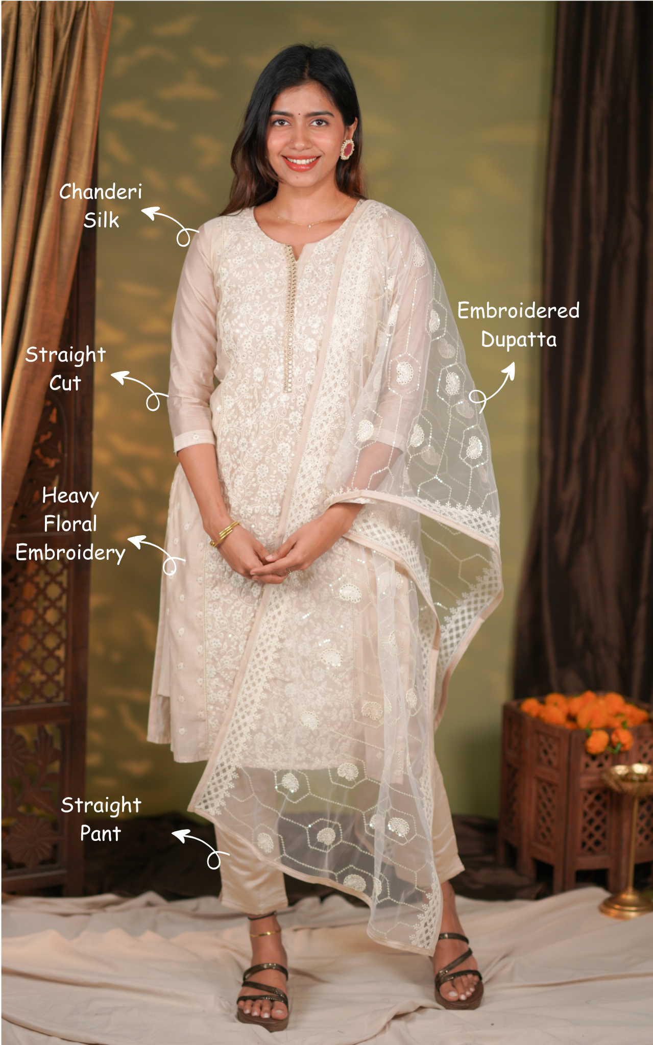 Instore – Beige Bamini Kurti Pant Dupatta Set for Women – Chanderi Silk – Festive Ethnic Wear