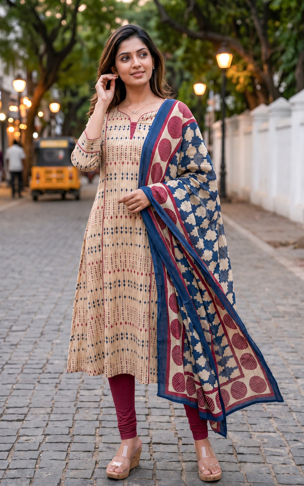 Beige and Blue Cotton Kurti Dupatta for Women