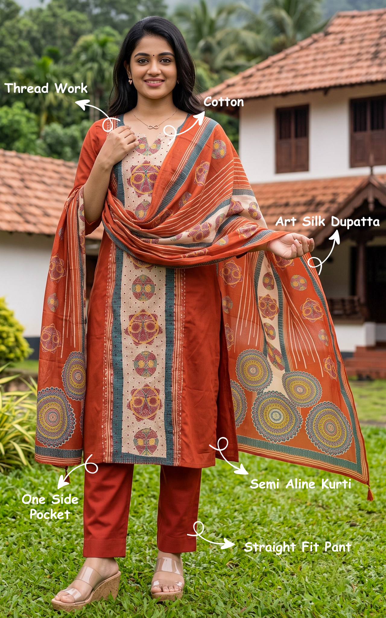 Instore – Rust Losliya Kurti Pant Dupatta Set for Women – Cotton – Printed – Ethnic Wear