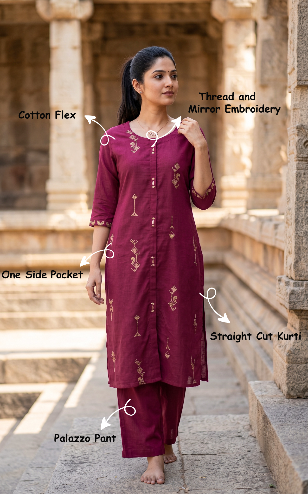 Instore – Magenta Anitha Kurti Set for Women – Cotton Flex – Casual Wear – Ethnic Wear