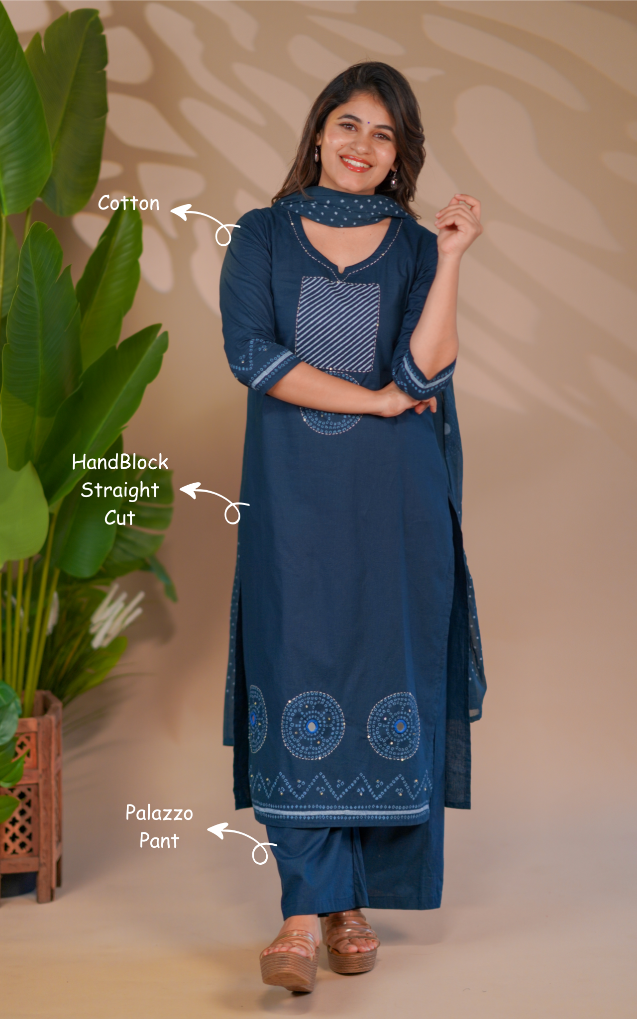 Handblock straight cut kurti sets
