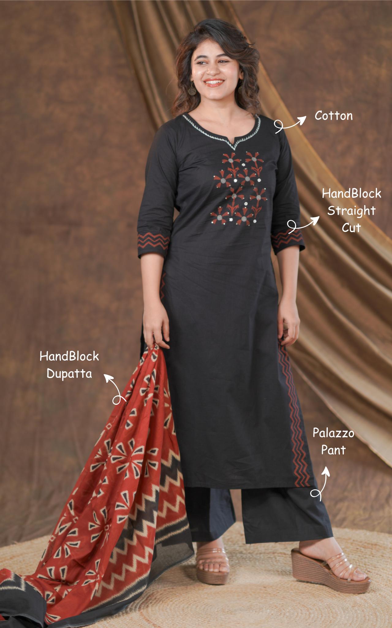 Handblock straight cut kurti sets