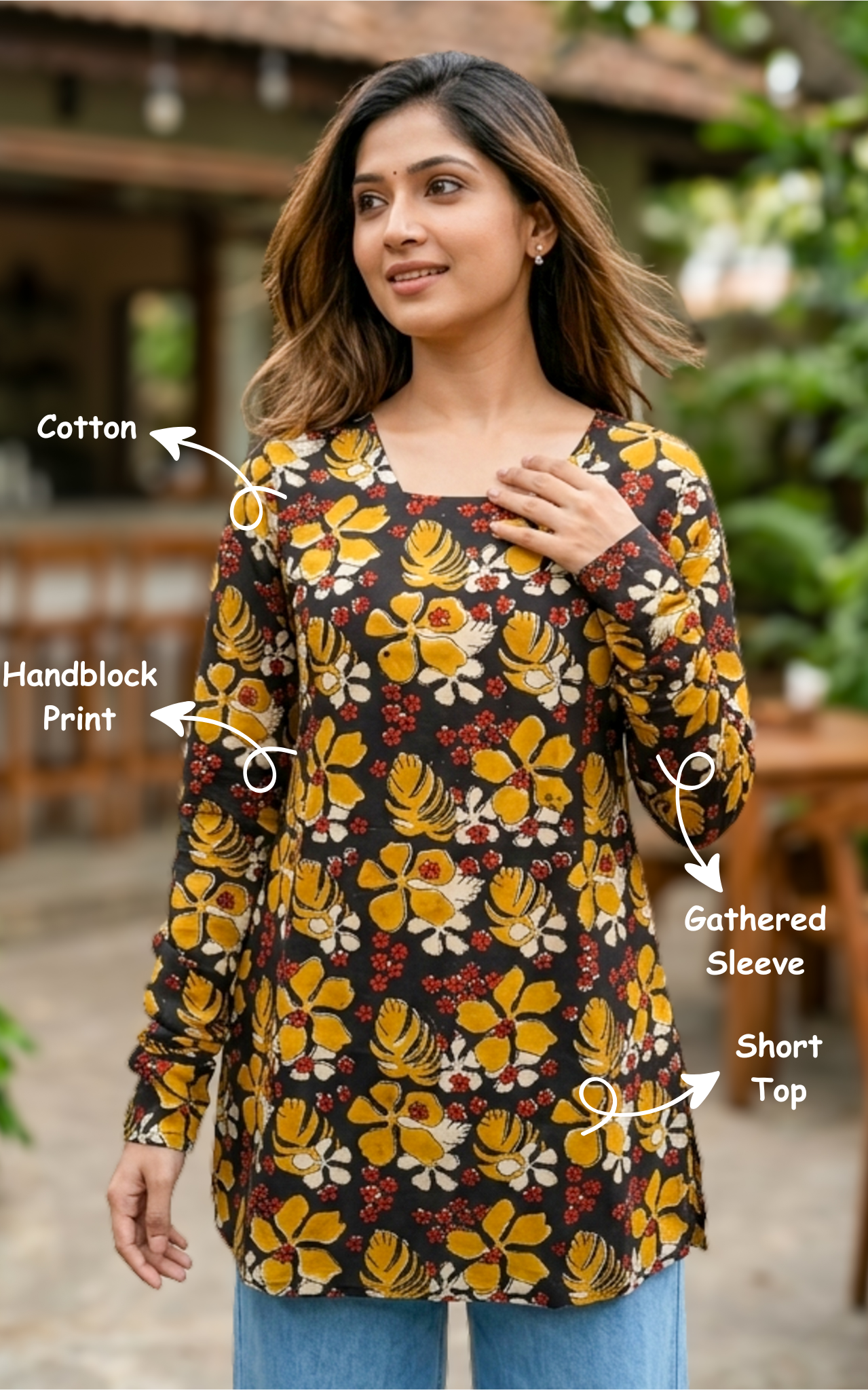 Instore – Handblock Printed Cotton Short Straight Cut Kurti for Women – Gathered Sleeves – Ethnic Wear