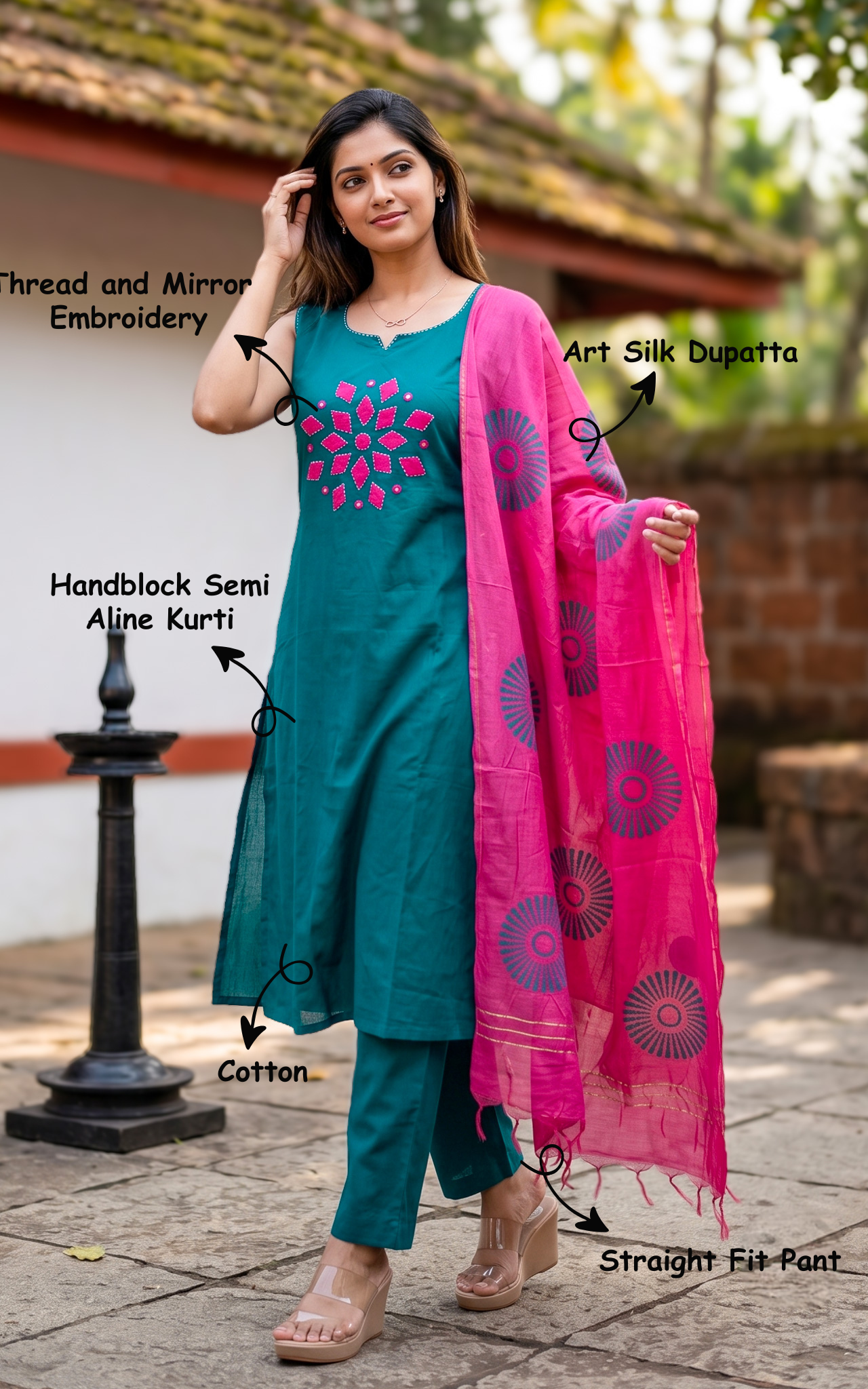 Dhanvika Handblock (Kurti Pant+Dupatta)