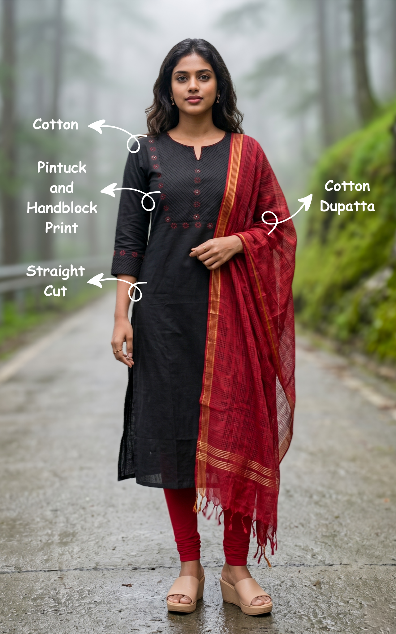 Instore – Black Cotton Straight Cut Kurti with Dupatta for Women – Side Slit – Ethnic Wear
