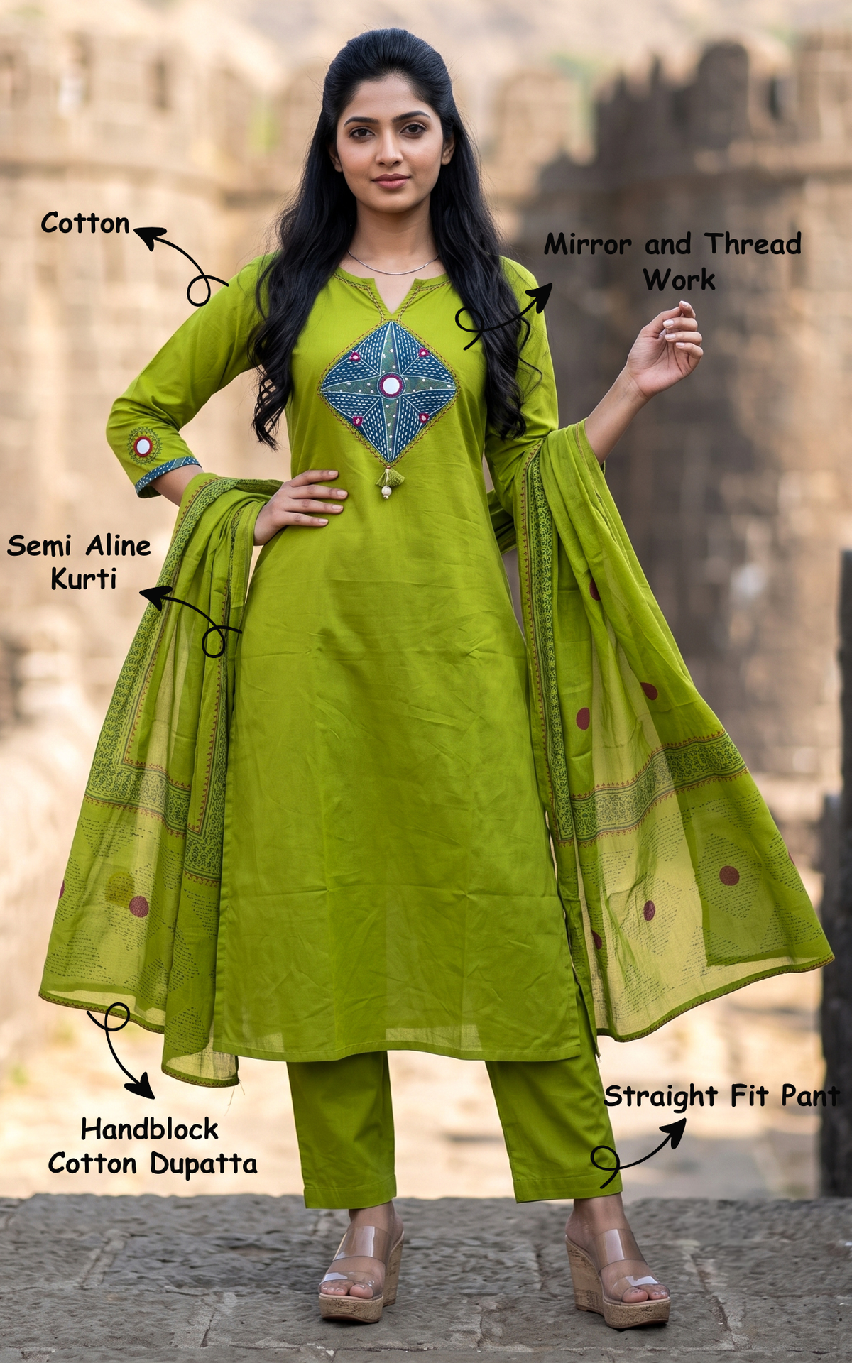 Kani Parrot Green (Kurti+Pant+Dupatta)