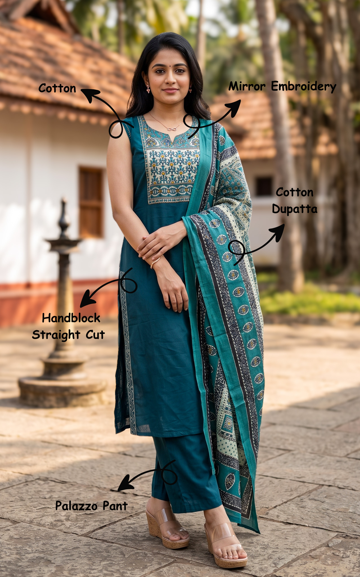 Instore – Peacock Blue Ranvika Handblock Kurti Pant Dupatta Set for Women – Cotton – Handblock Printed – Ethnic Wear