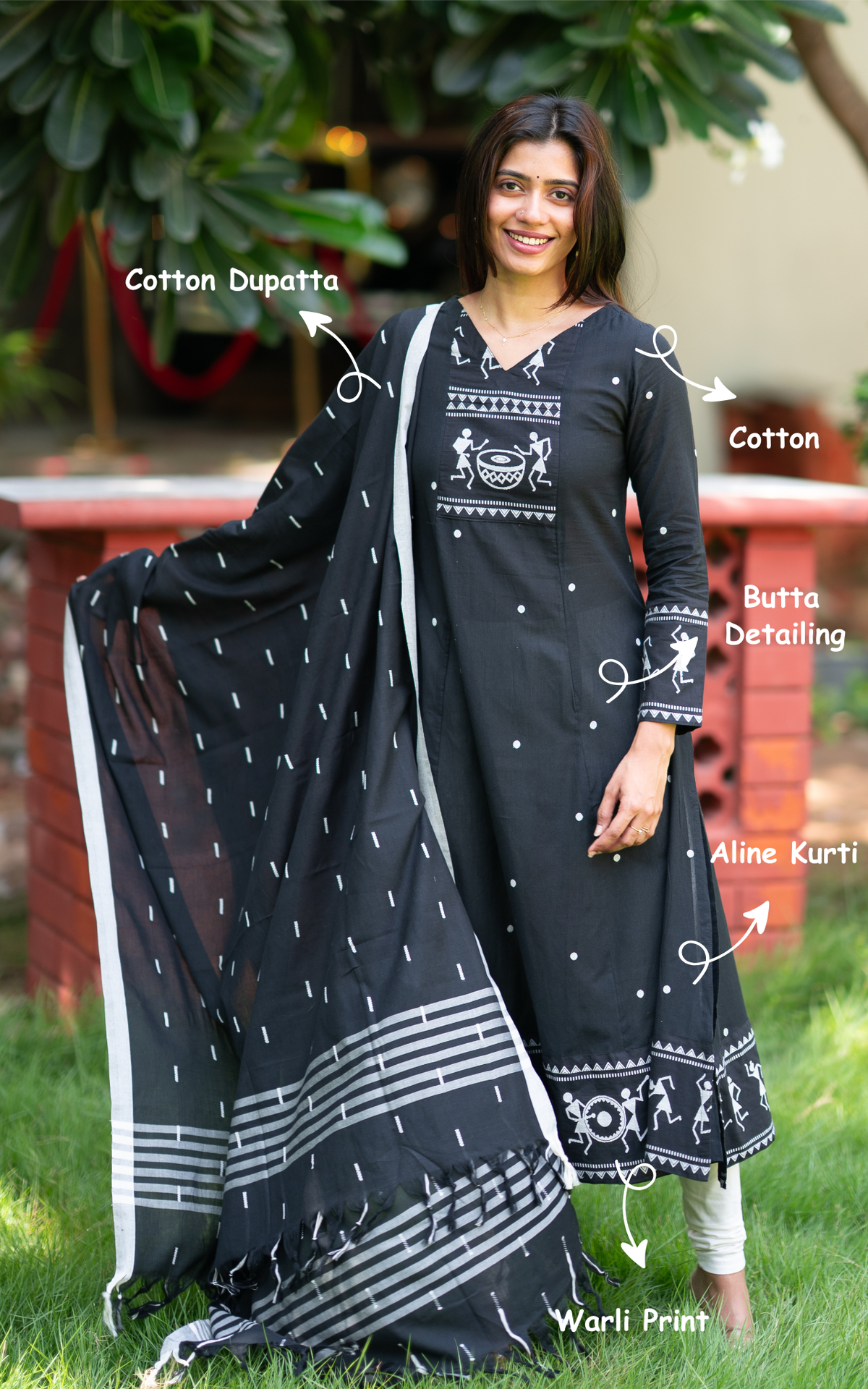 Black Cotton Warli Print Kurti with Dupatta for Women