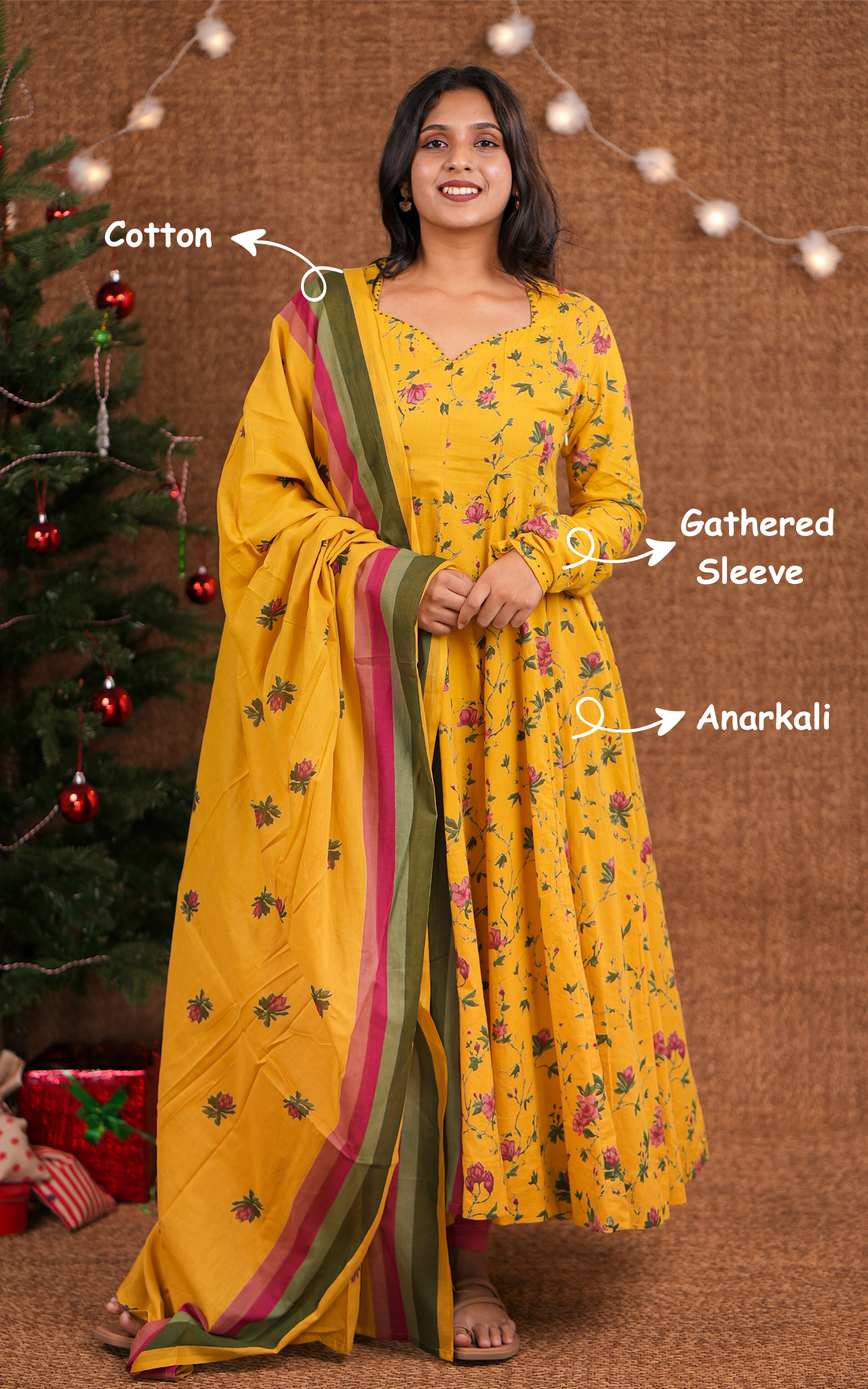 Instore - Mustard Color Cotton Gathered Sleeve Full Flared Anarkali Kurti with Cotton Dupatta & No Lining