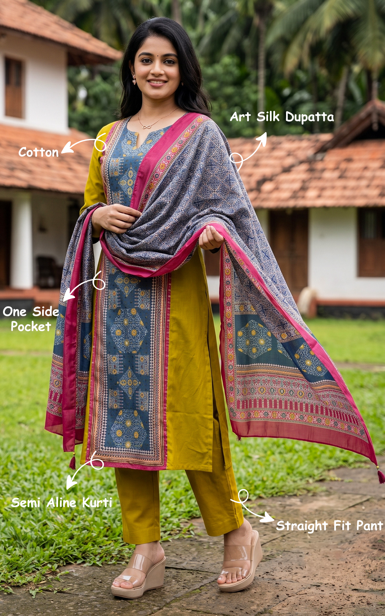 Instore – Mehandi Green Losliya Kurti Pant Dupatta Set for Women – Cotton – Printed – Ethnic Wear
