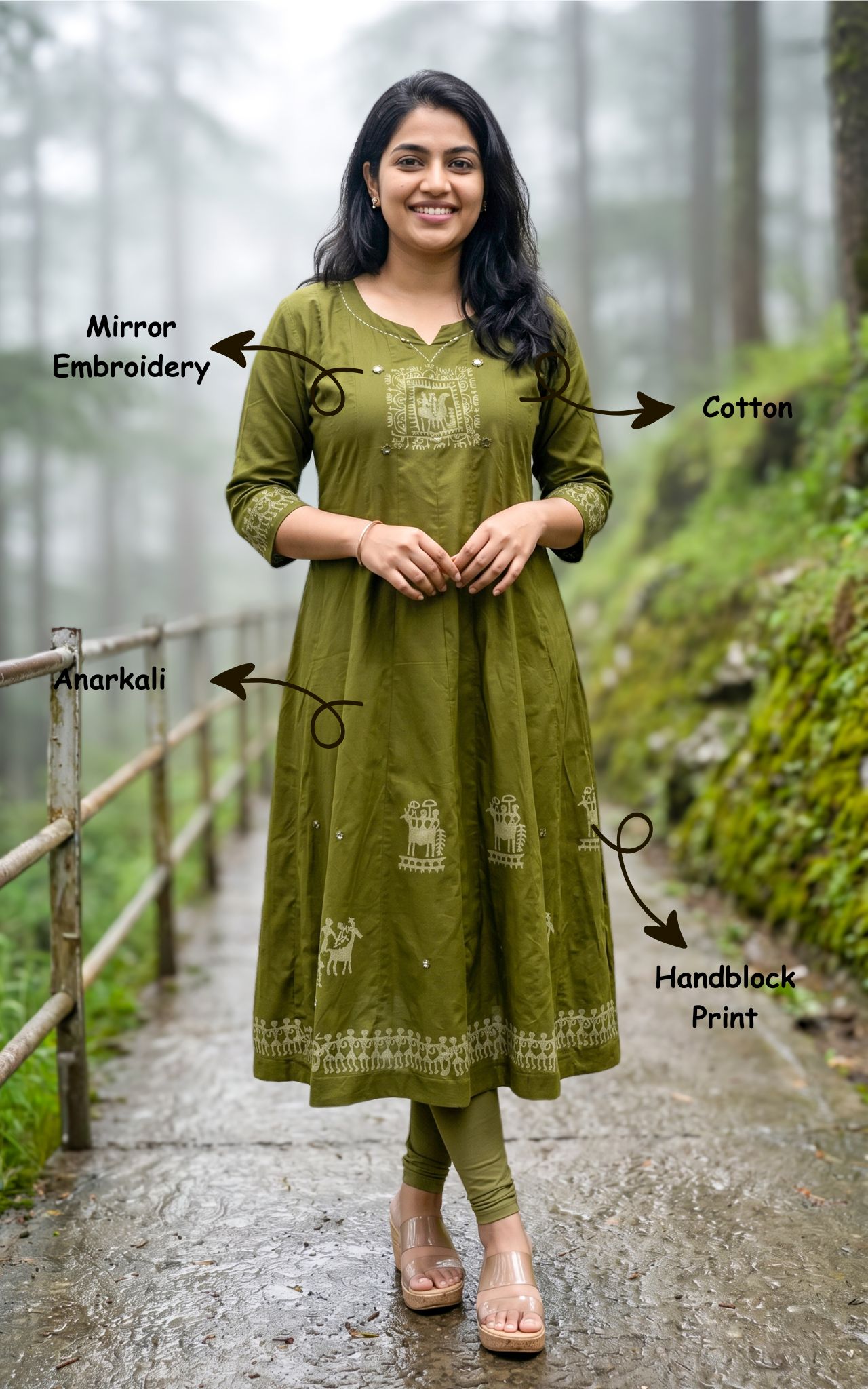 Instore – Mehandi Green Handblock Printed Cotton Anarkali Kurti for Women – Ethnic Wear