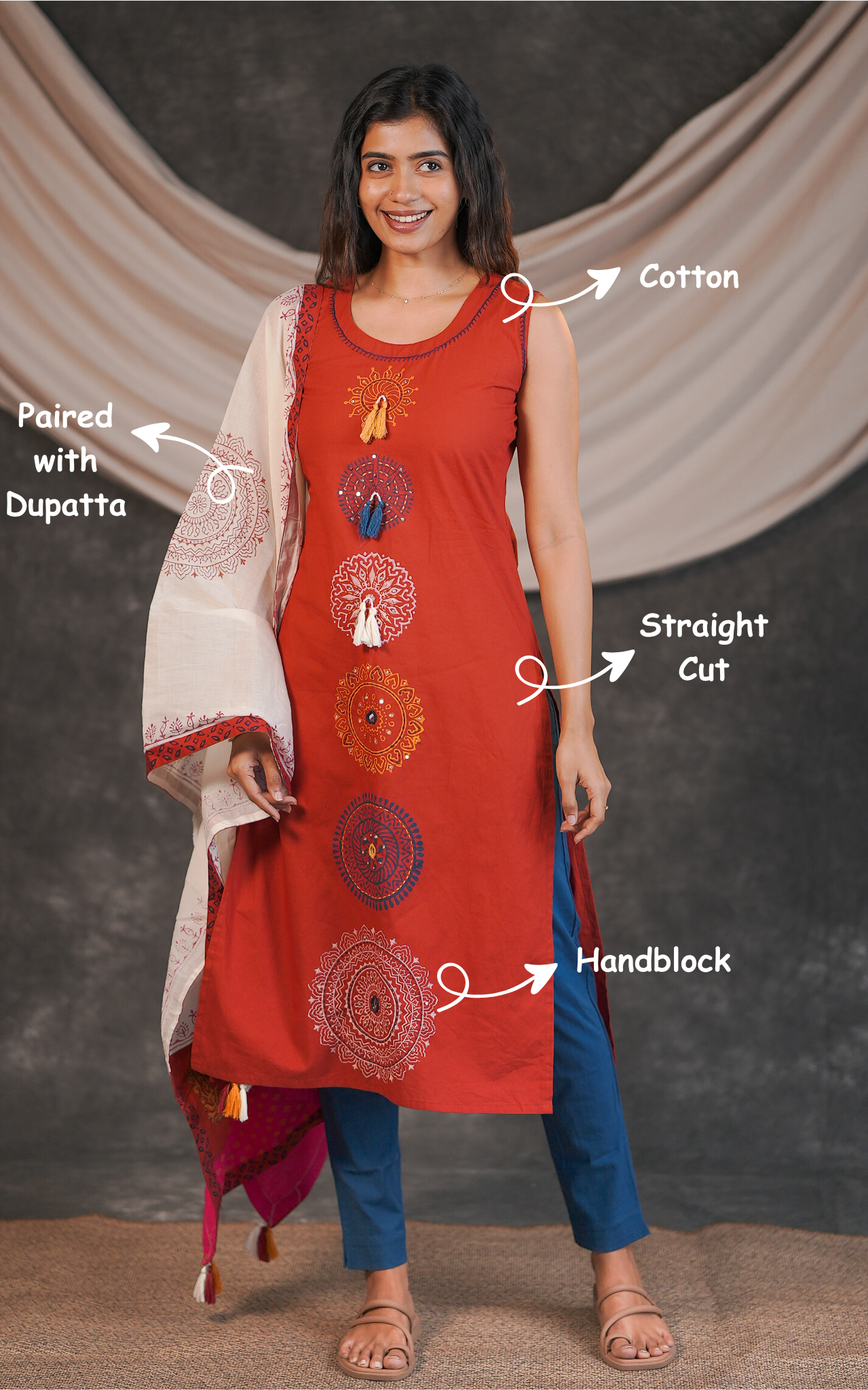 Rust ethnic cotton kurti for women