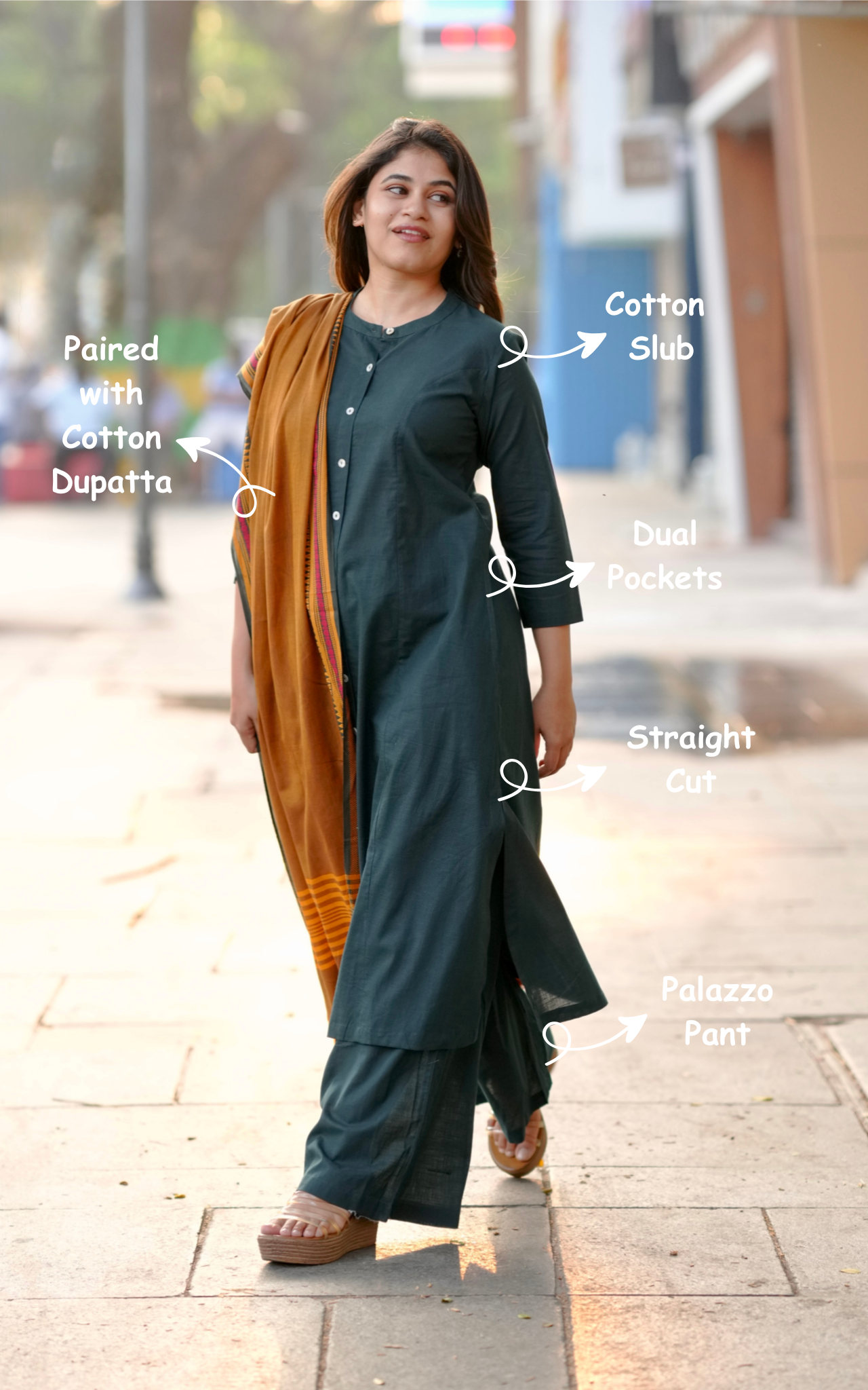 green ethnic cotton kurti set
designer kurti pant dupatta set
traditional cotton kurti set
festive cotton slub kurti set
