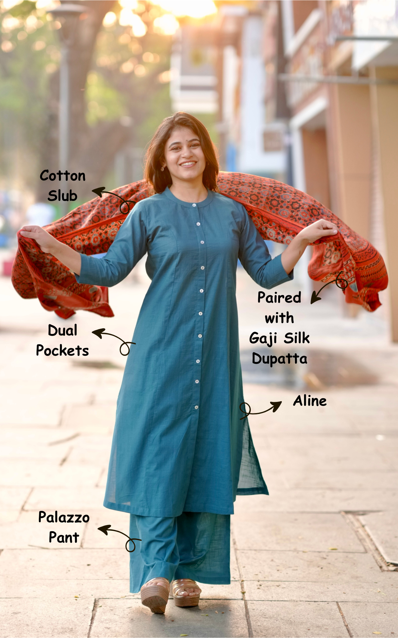 designer aline kurti set with dupatta
traditional kurti pant dupatta set
festive cotton kurti set