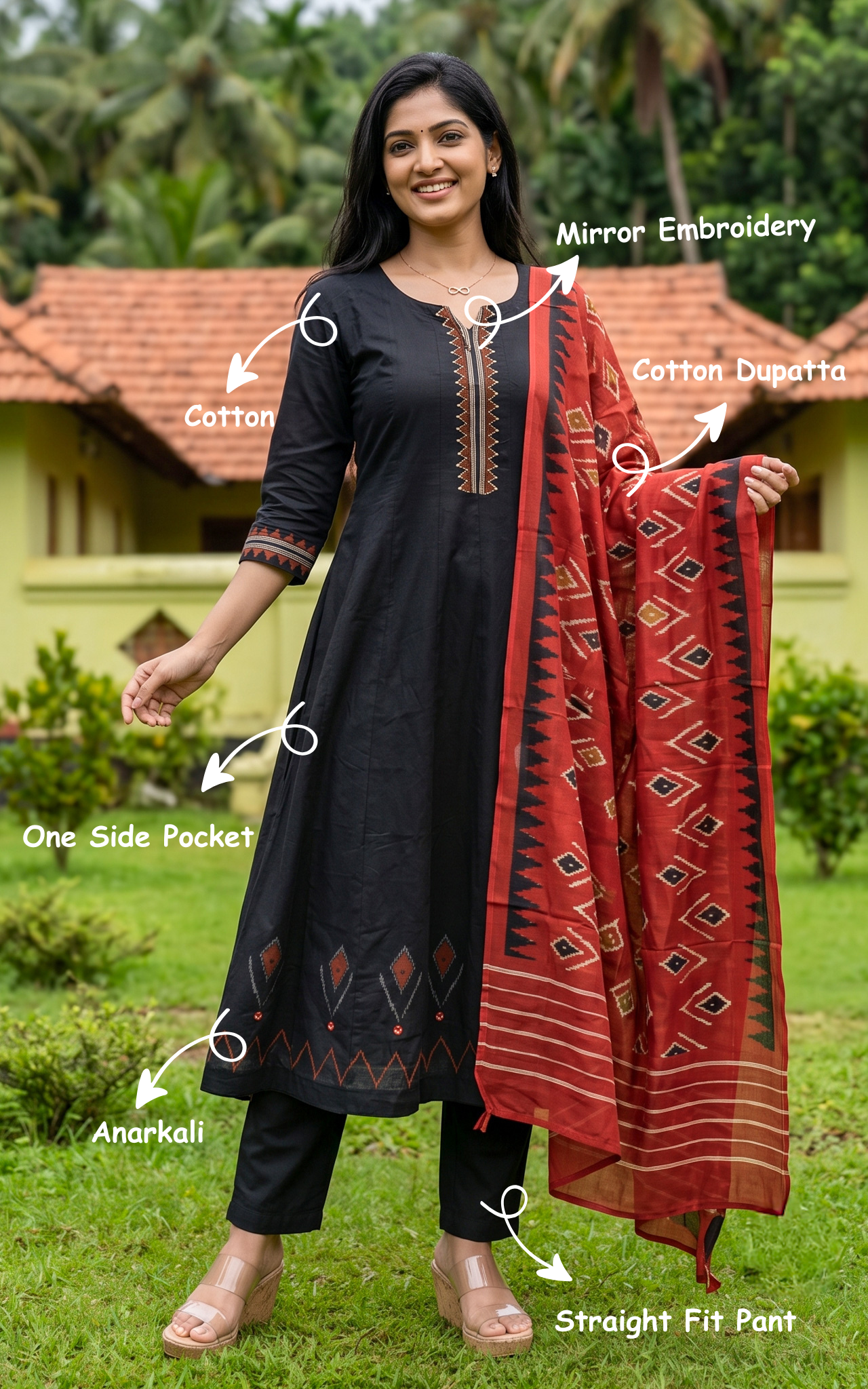 Instore – Black Dakshana Handblock Kurti Pant Dupatta Set for Women – Cotton – Handblock Printed – Ethnic Wear