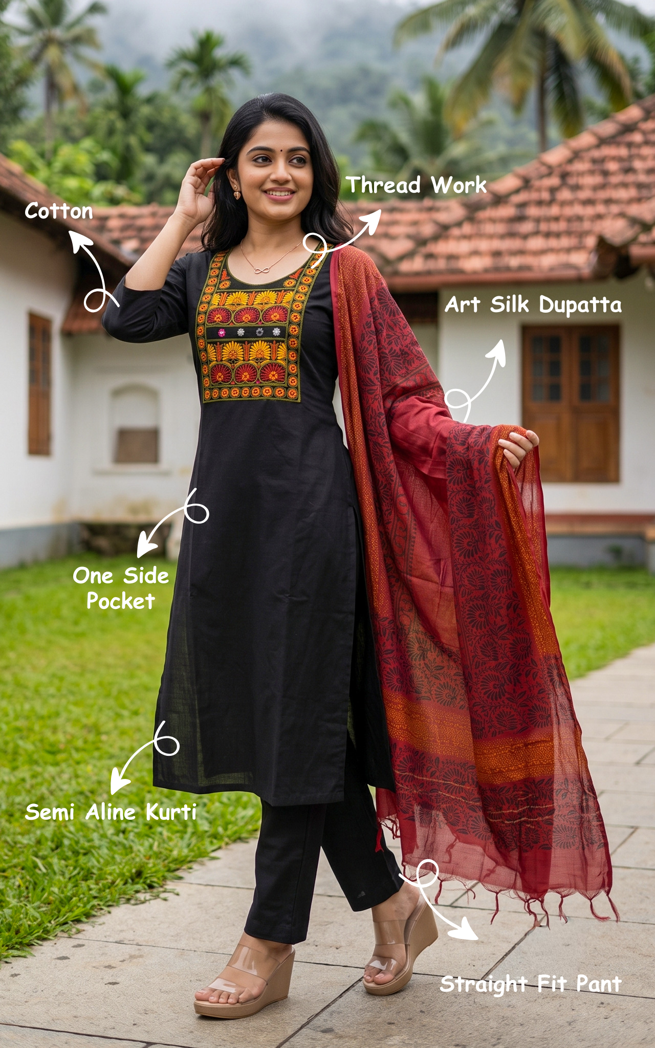 Instore – Black Nvirthi Kurti Pant Dupatta Set for Women – Cotton – Printed – Ethnic Wear