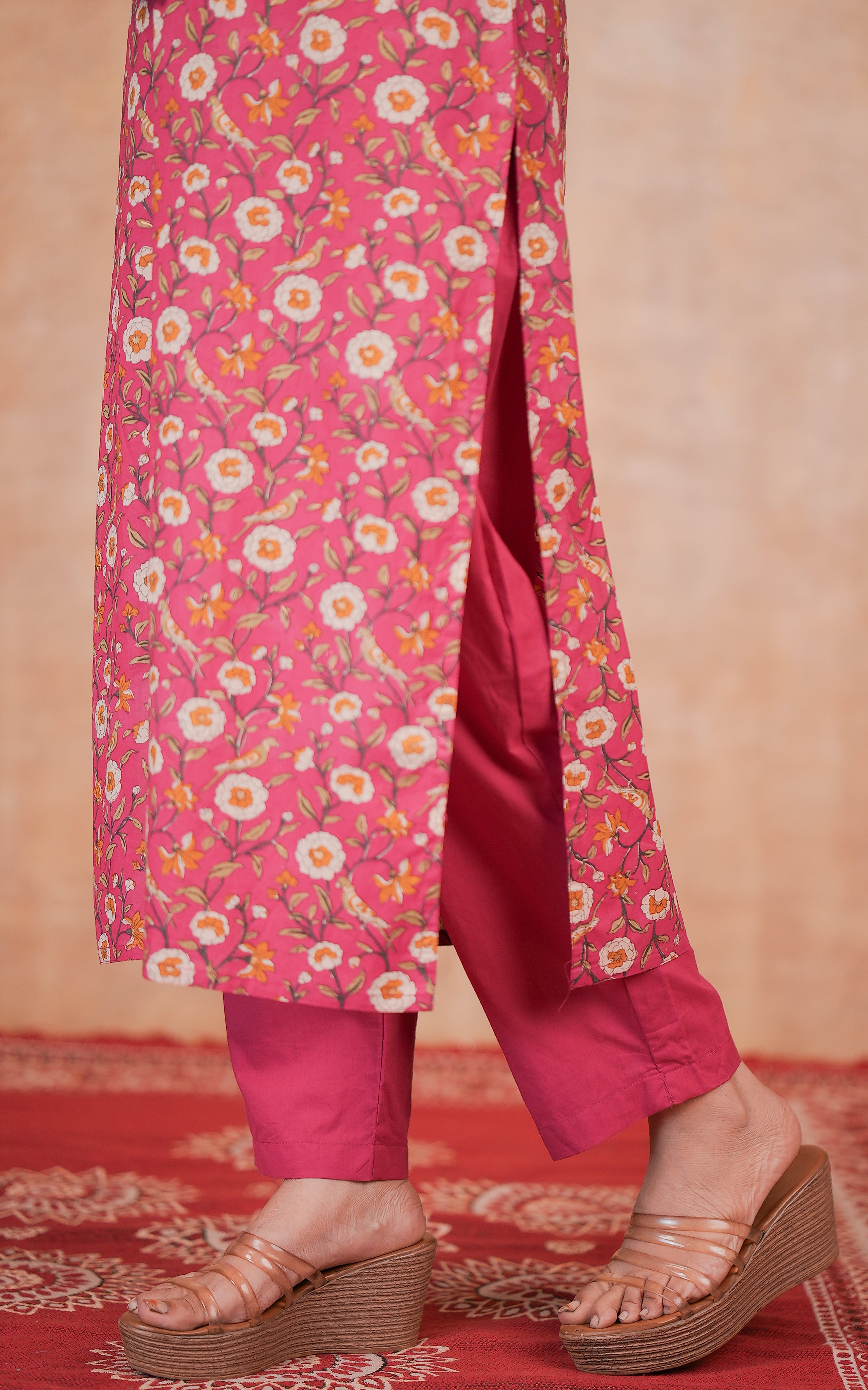 Deep Pink Printed Cotton Kurti Set For Women