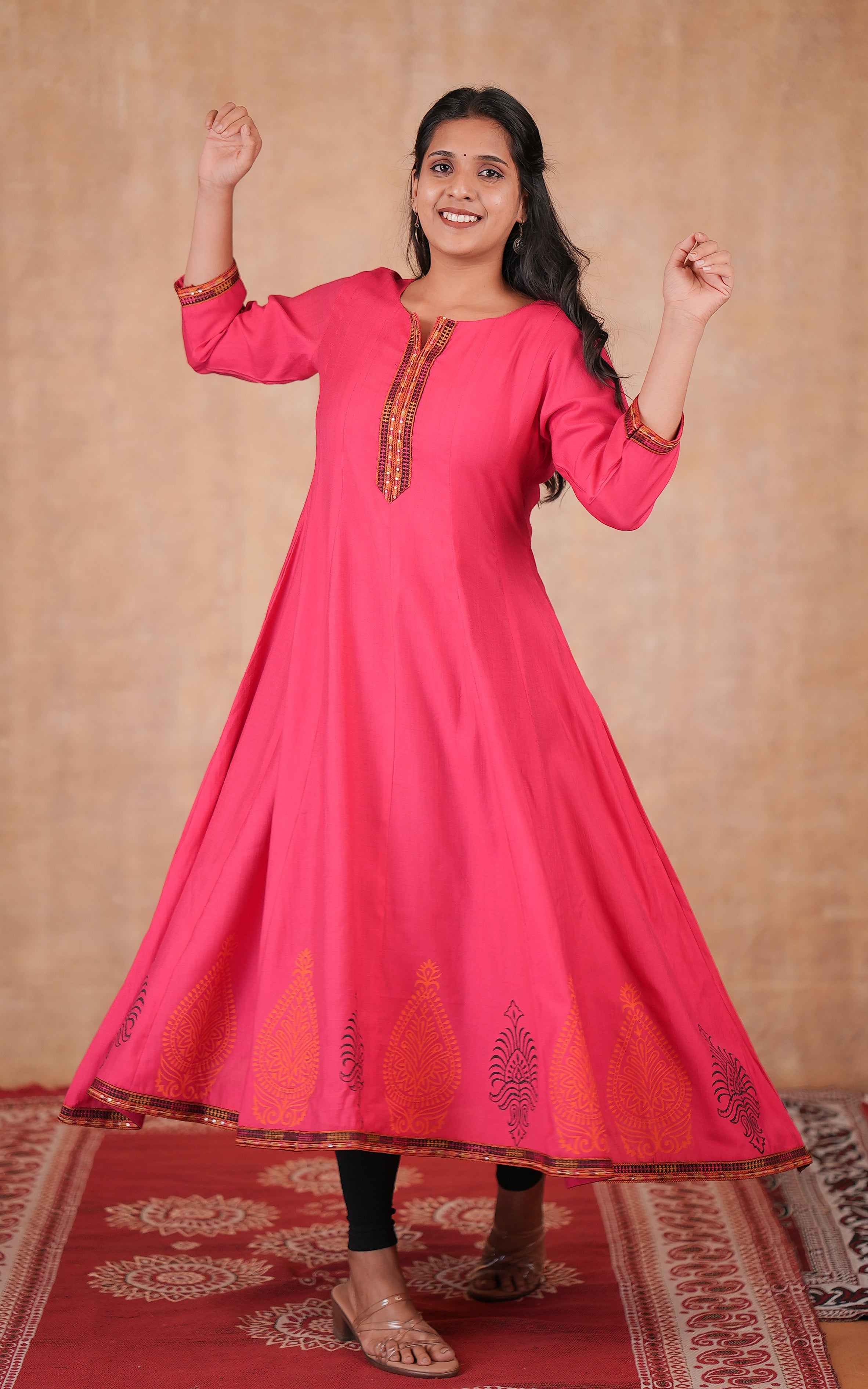 Pink rayon handblock printed anarkali kurti for women
