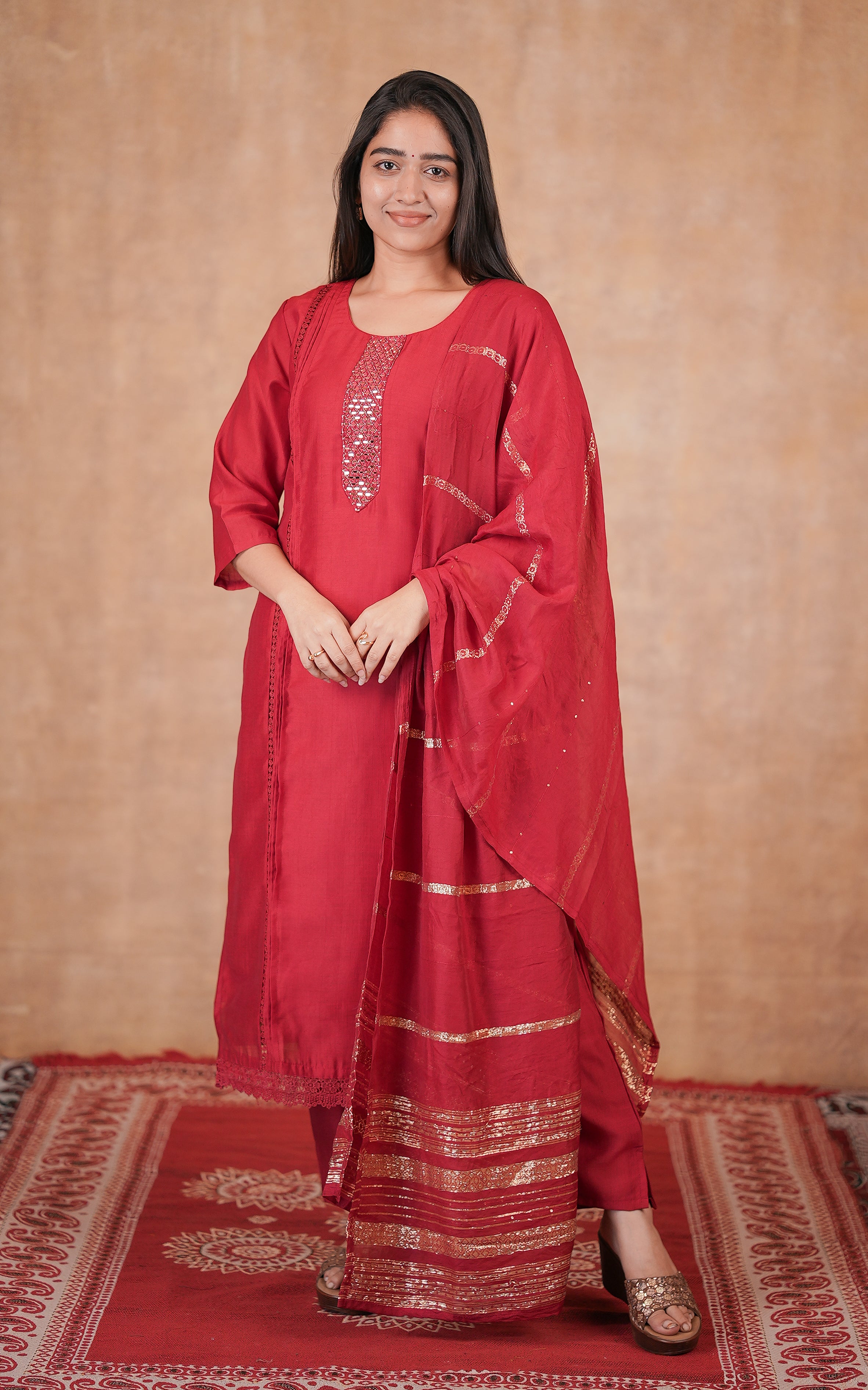 Red Semi Silk Kurti Set For Women