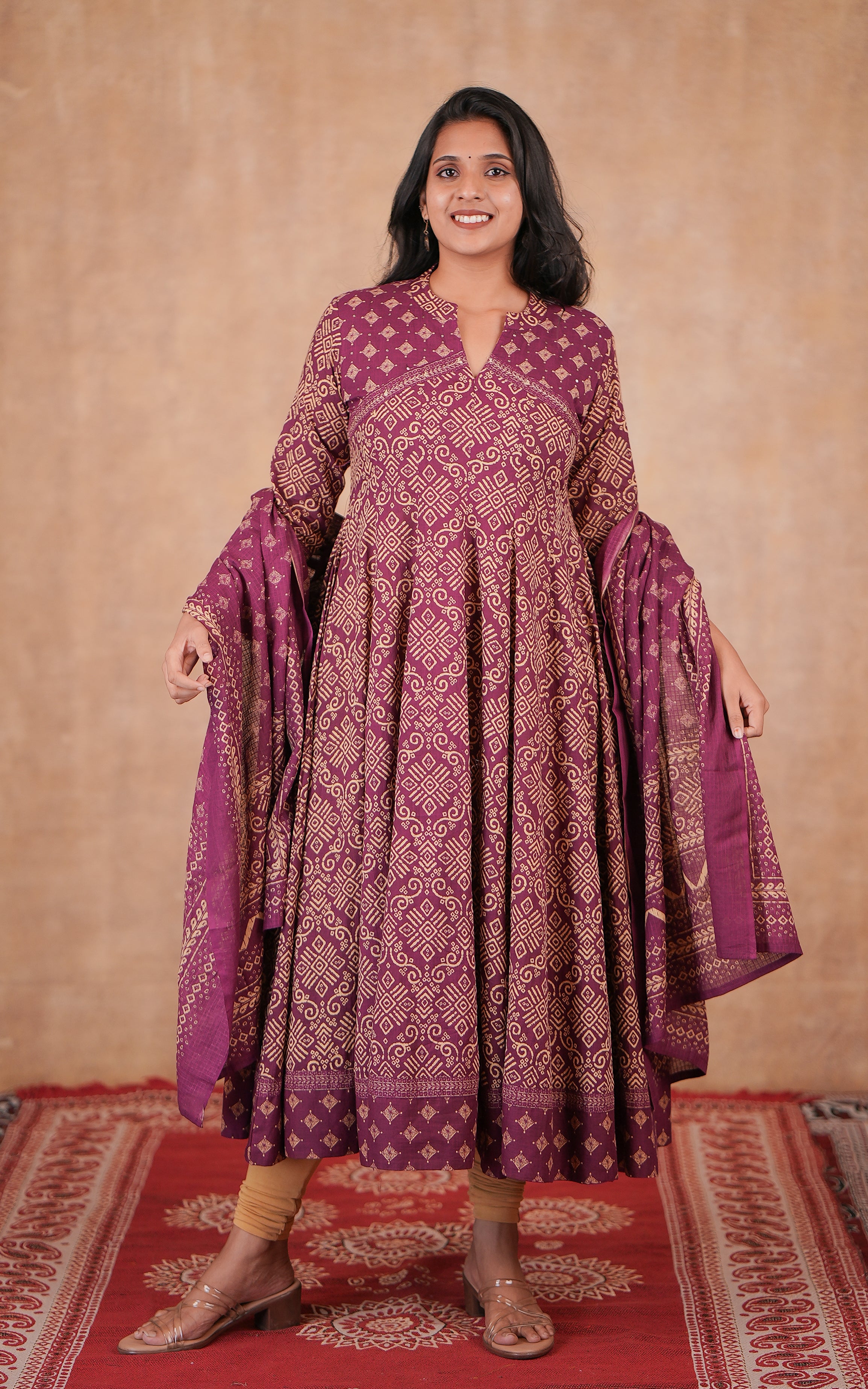 Festive Wear Wine Cotton Anarkali For Women