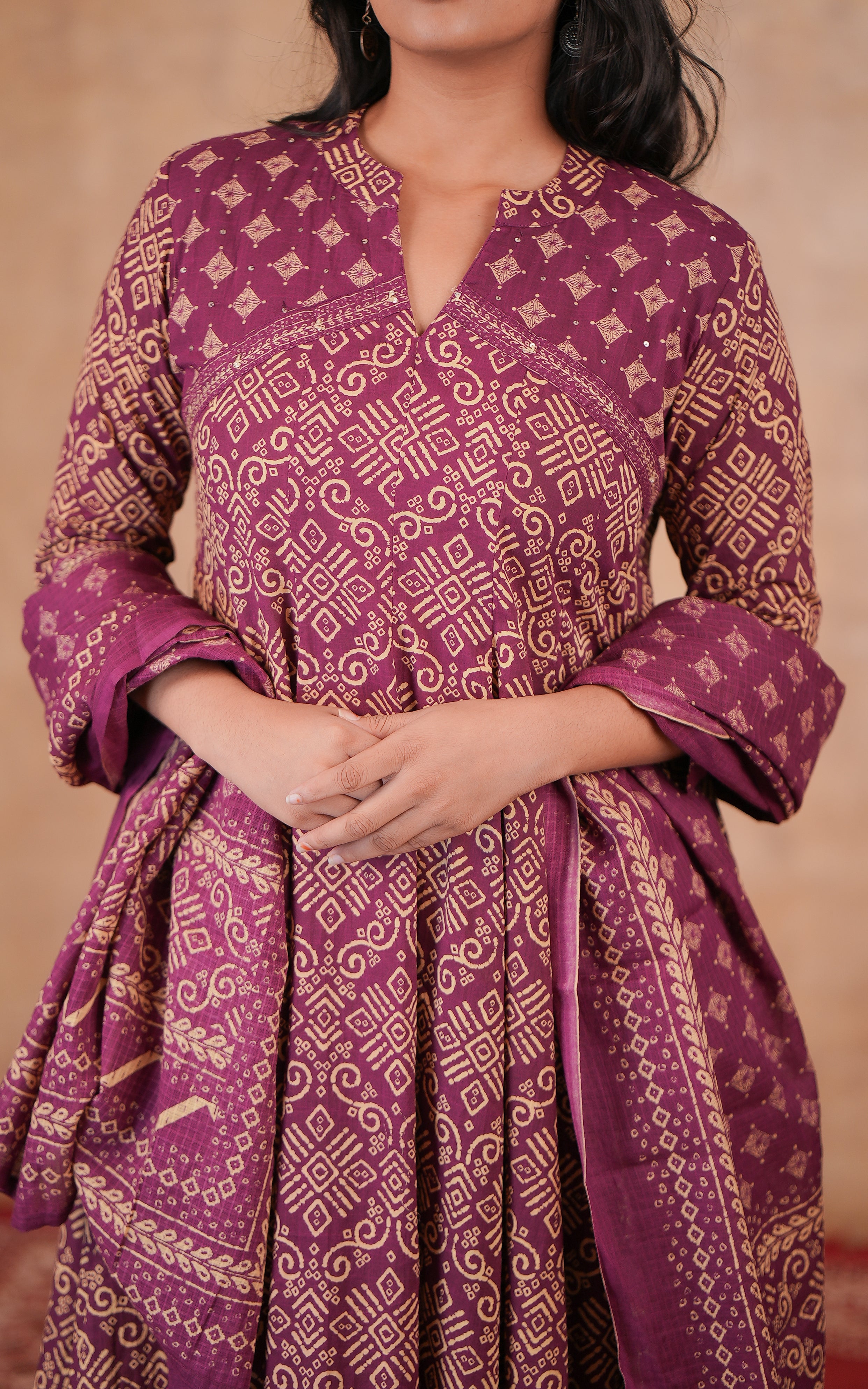 Long Wine Cotton Anarkali Kurti For Women