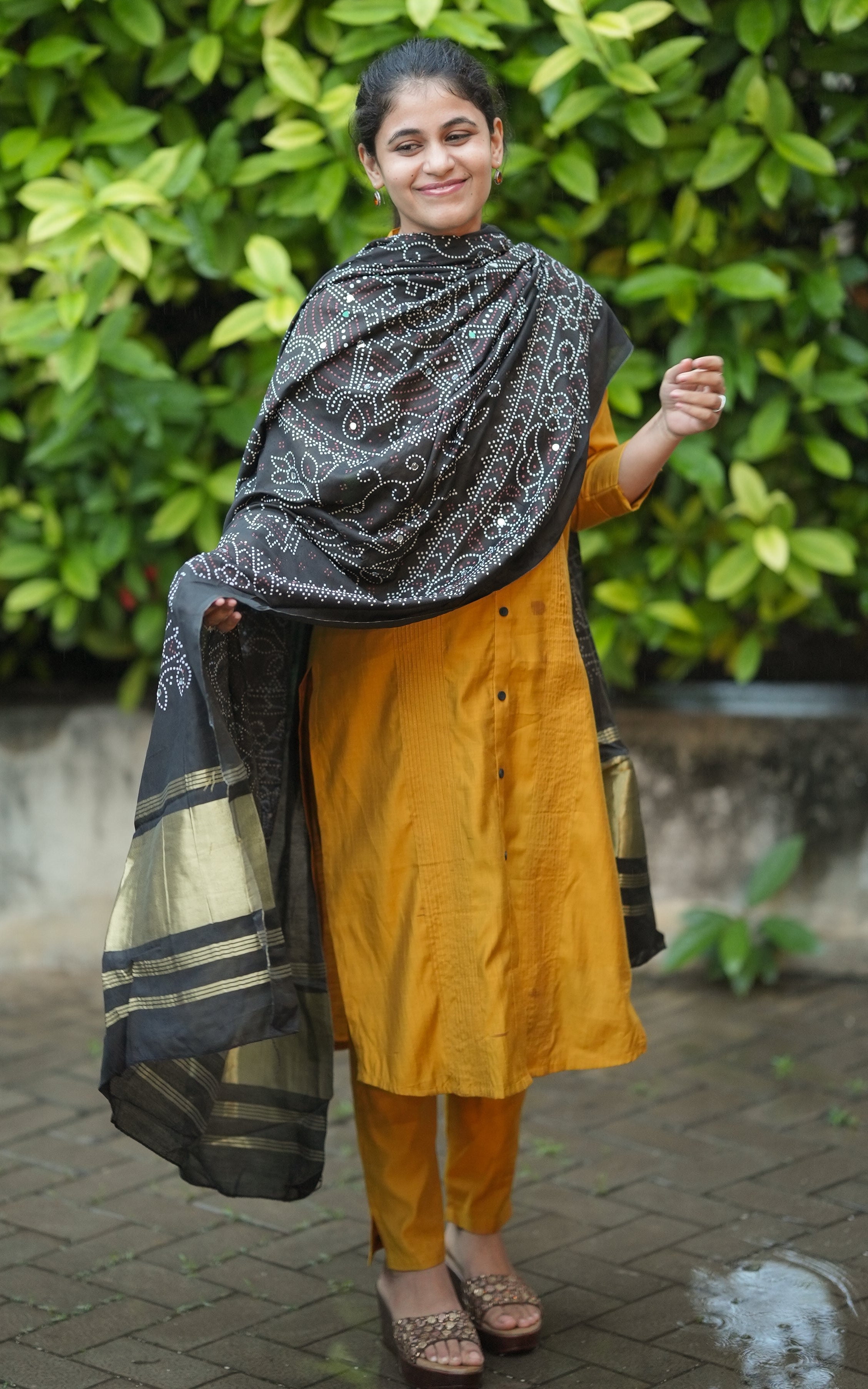 Instore – Black Bandhani Printed Dupatta for Women – Art Silk – Golden Zari Border – Ethnic Wear